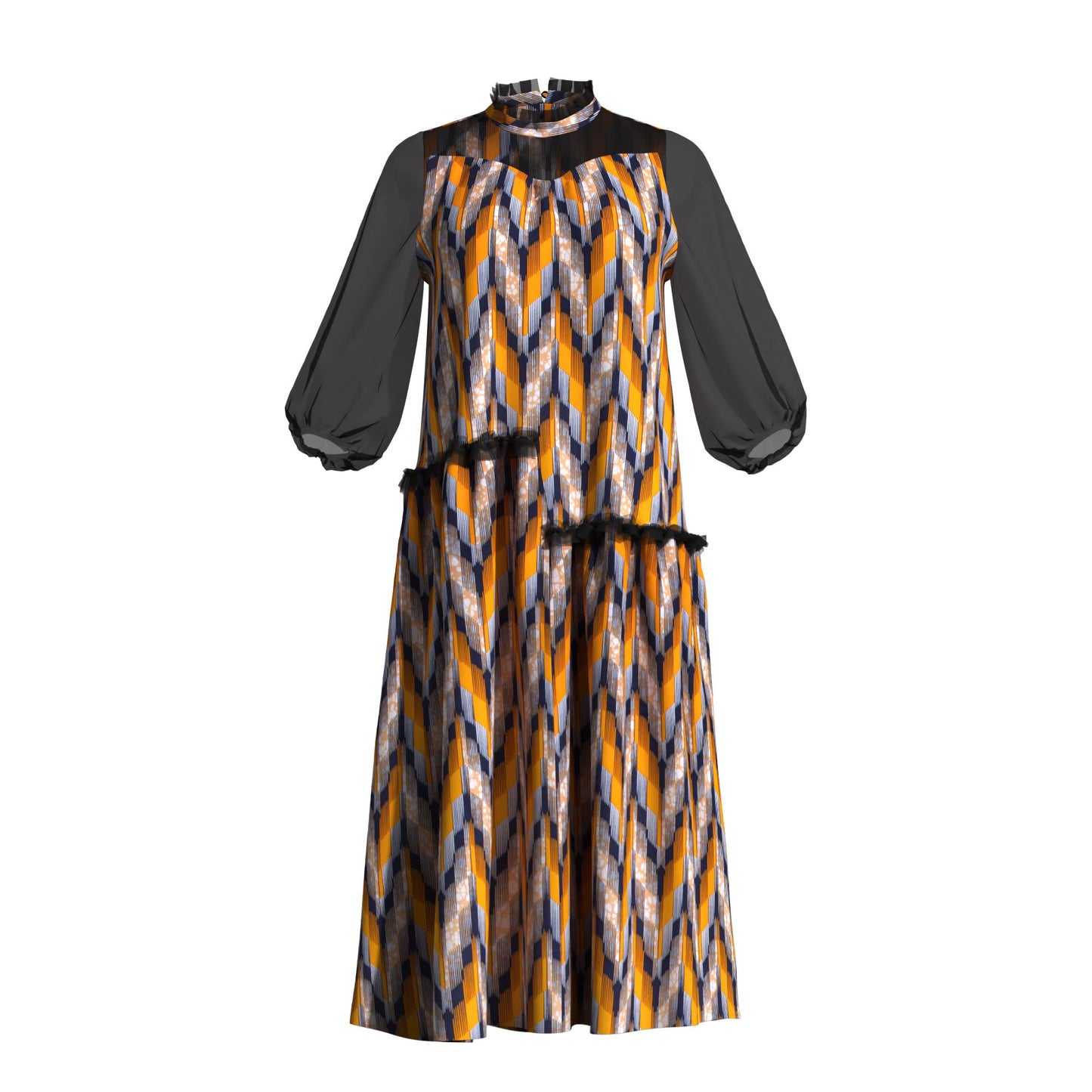 African Fabric Sheer Mesh Ruffle Collar Tiered Swing Midi Dress