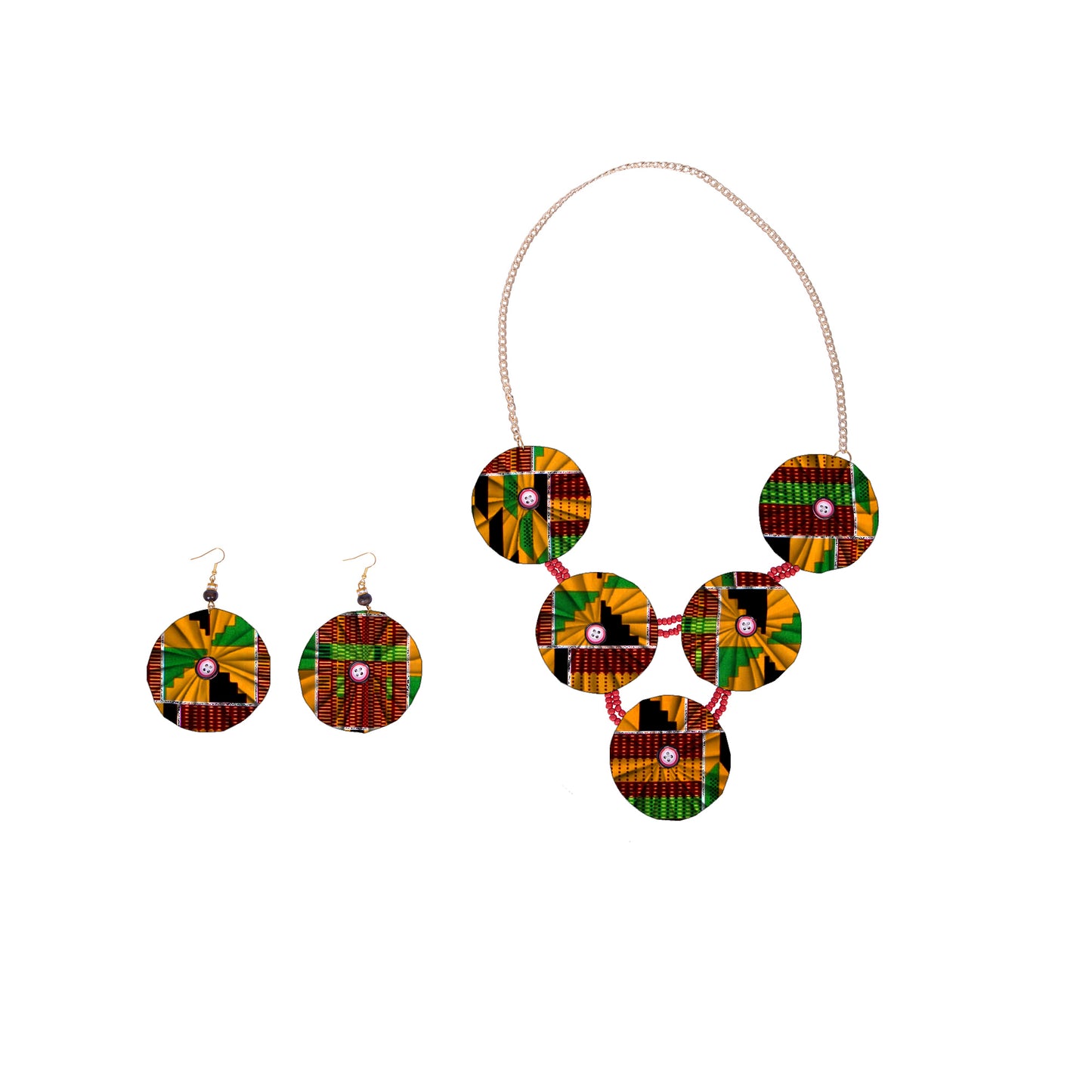 African Women Ankara Fabric Button Statement Necklace & Earring Set Accessories