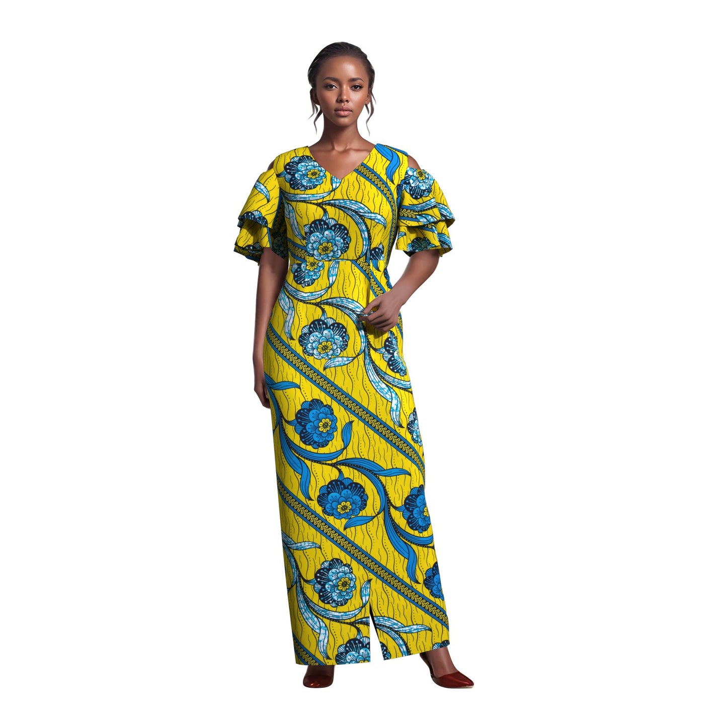 African Print Cold Shoulder Maxi Dress with Ruffle Sleeves