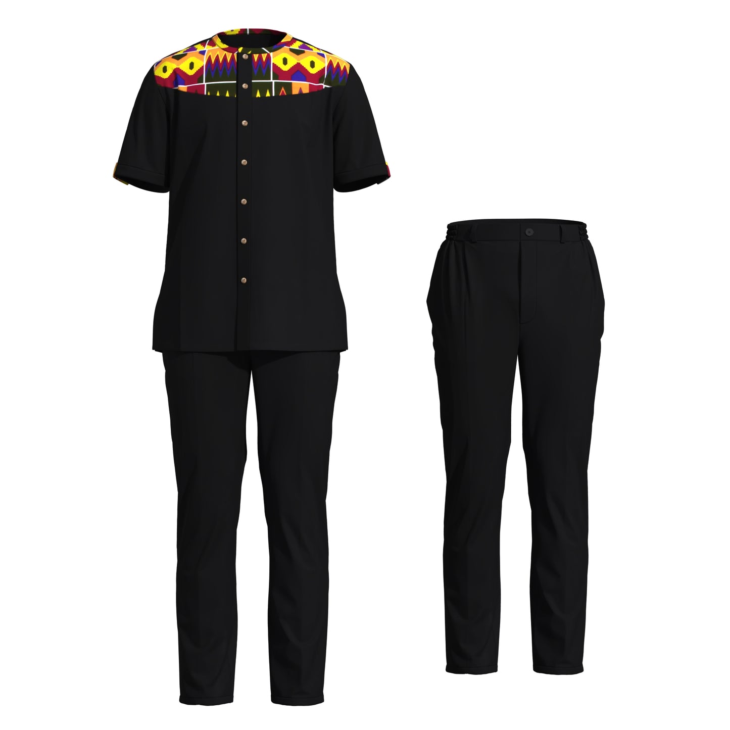 African Print Patchwork Short Sleeve Shirt & Pants Set