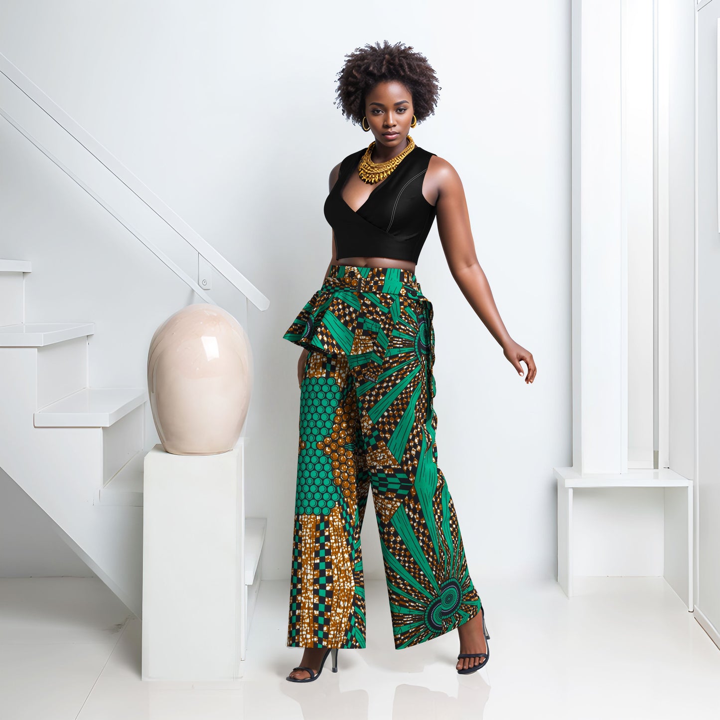 African Print Wide-Leg Pants with Detachable Ruffle