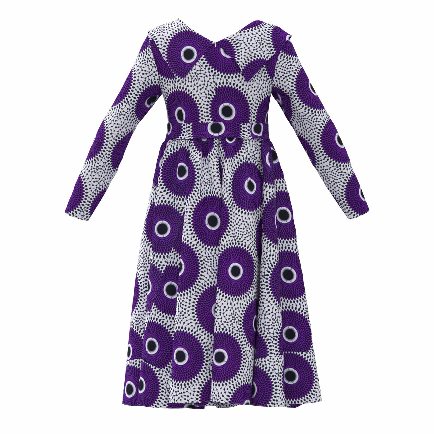 V-Neck Long Sleeve African Print Midi Dress with Tie Waist Belt