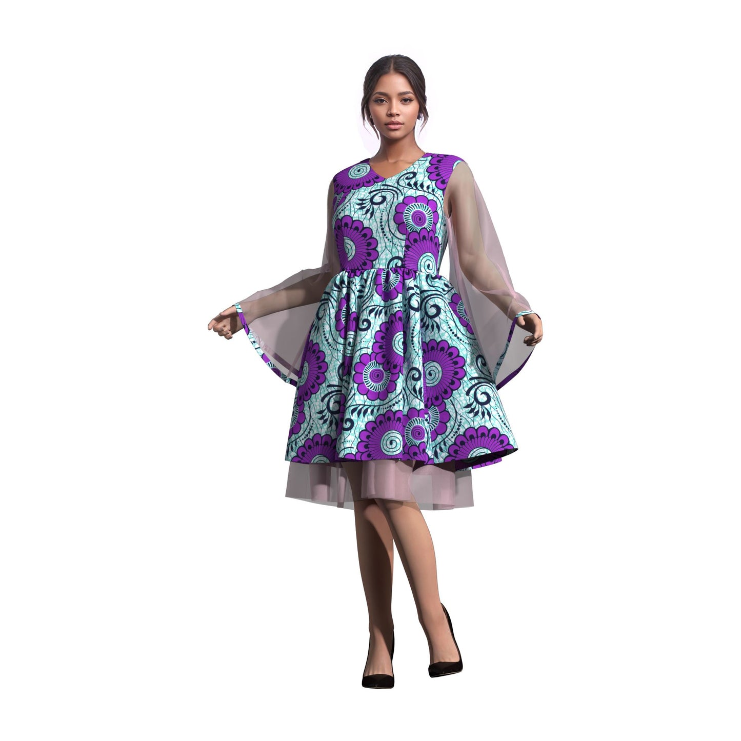 Ethnic African Floral Print Sheer Mesh Flare Sleeve Dress
