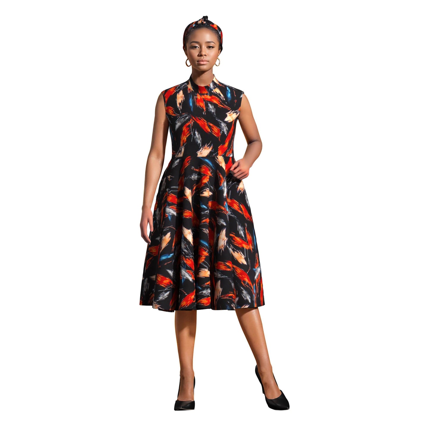 Ankara Print High Neck Sleeveless Midi Dress with Headband
