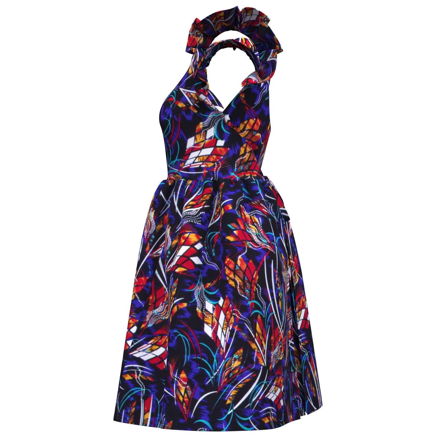 African Print Pleated Sleeve Tie-Back Backless Dress