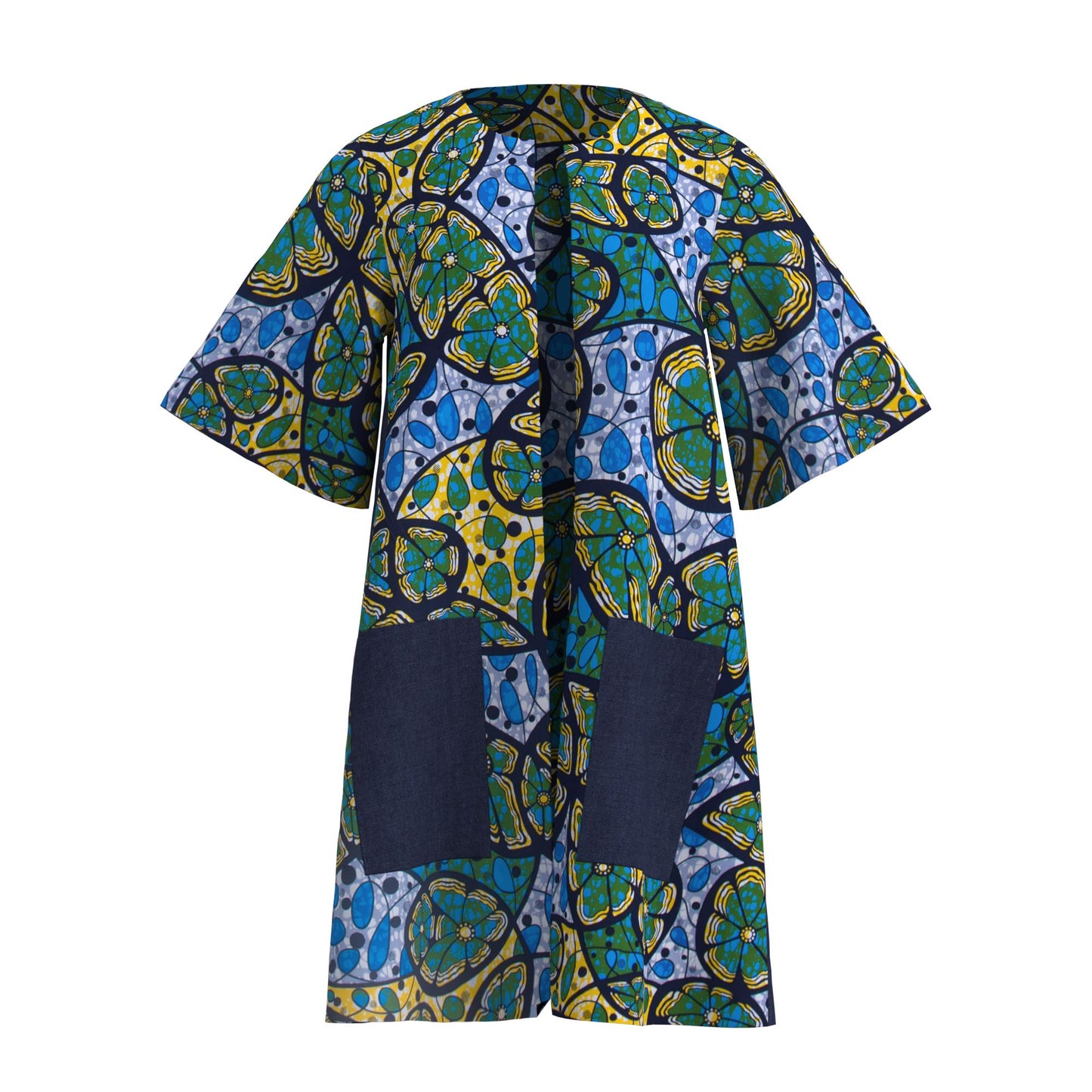 Women's African Print Long Kimono Jacket No-Button Loose Fit with Pockets Ankara Fashion Top