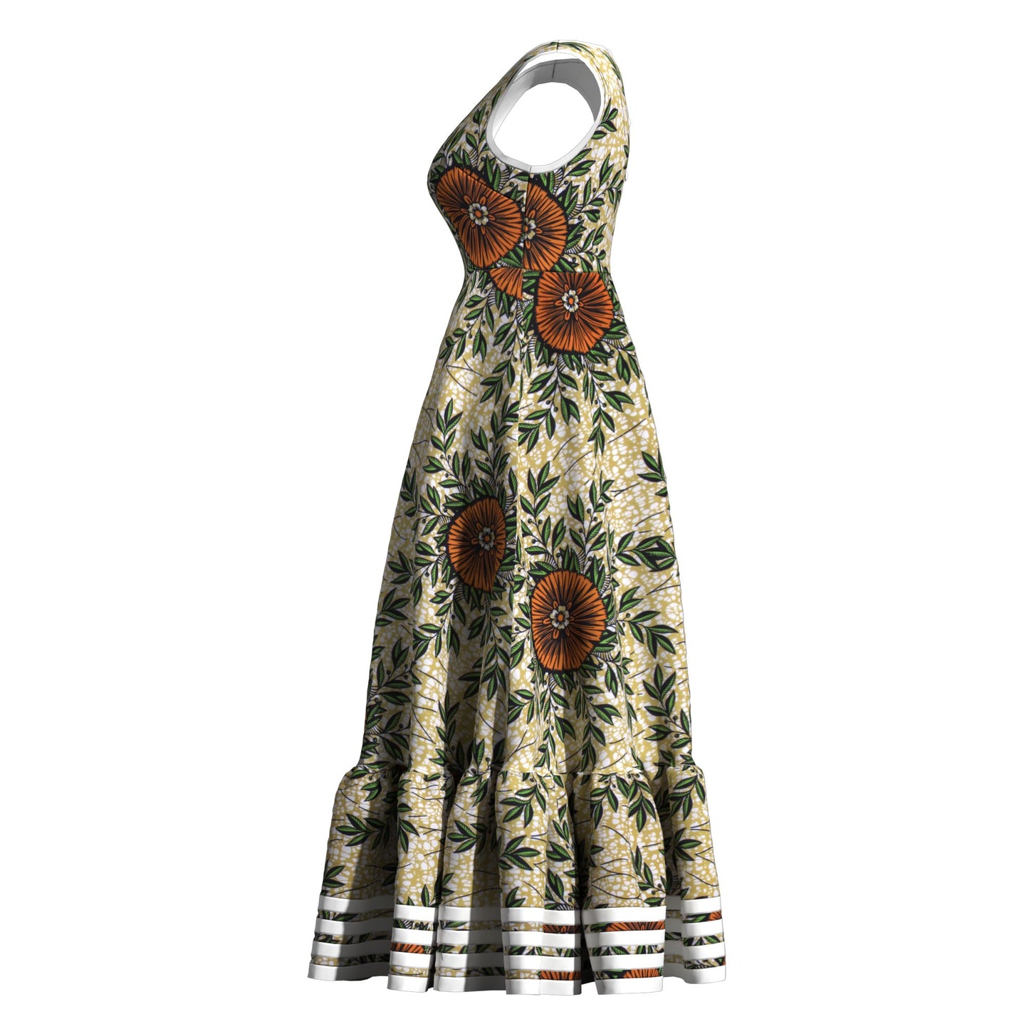 Women Ankara Wax Print Sleeveless Maxi Dress Ruffle Hem Strip Trim African Flared Long Occasion Gown