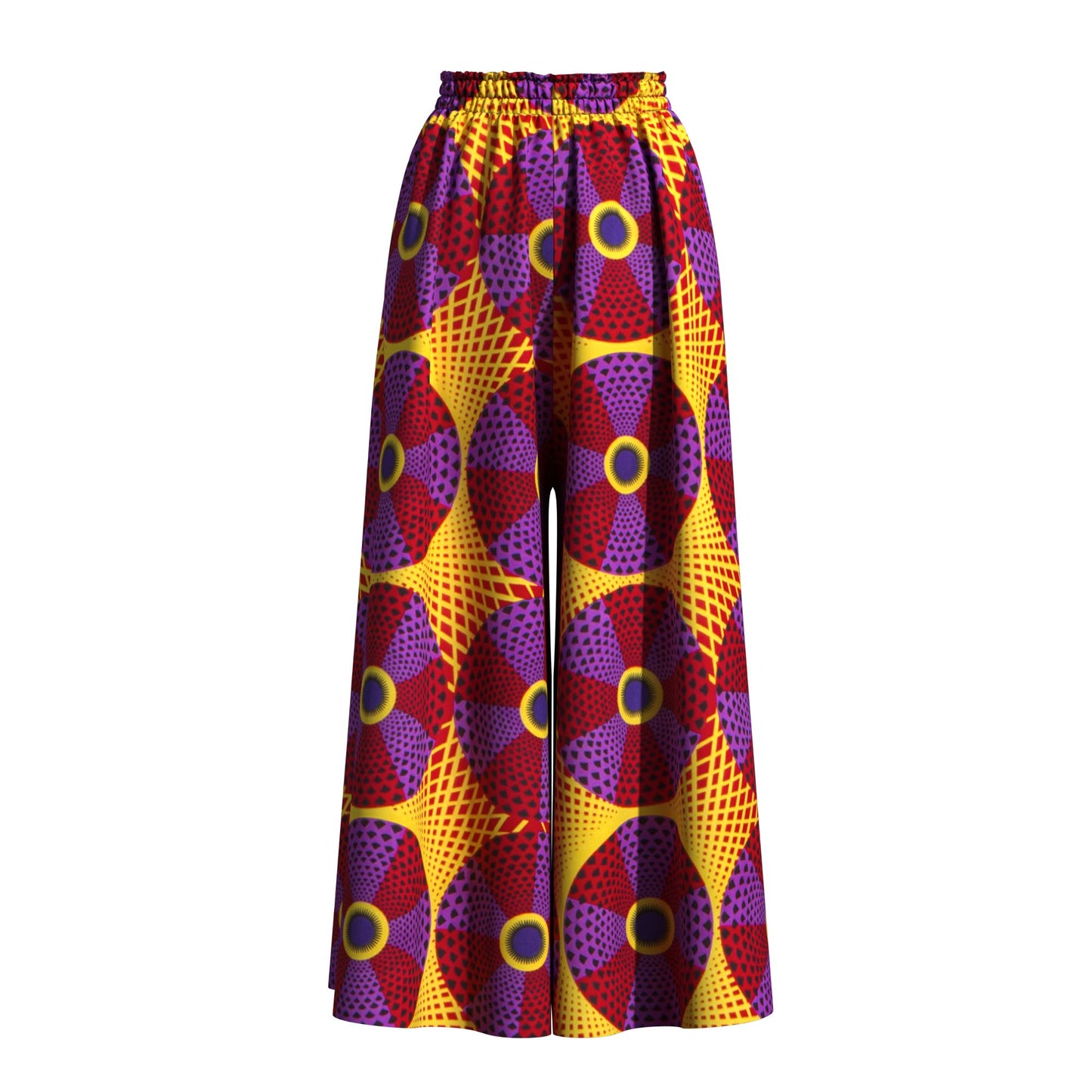 African Print Flowy Palazzo Pants, High Waist Elastic Waist Wide Leg Trousers