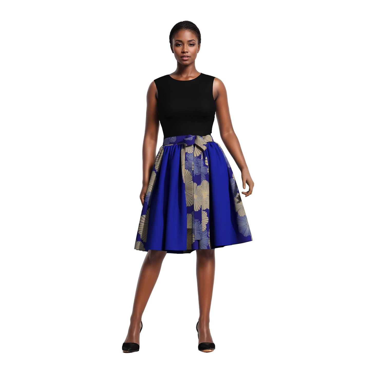 Versatile African Print Color Block Flared Skirt