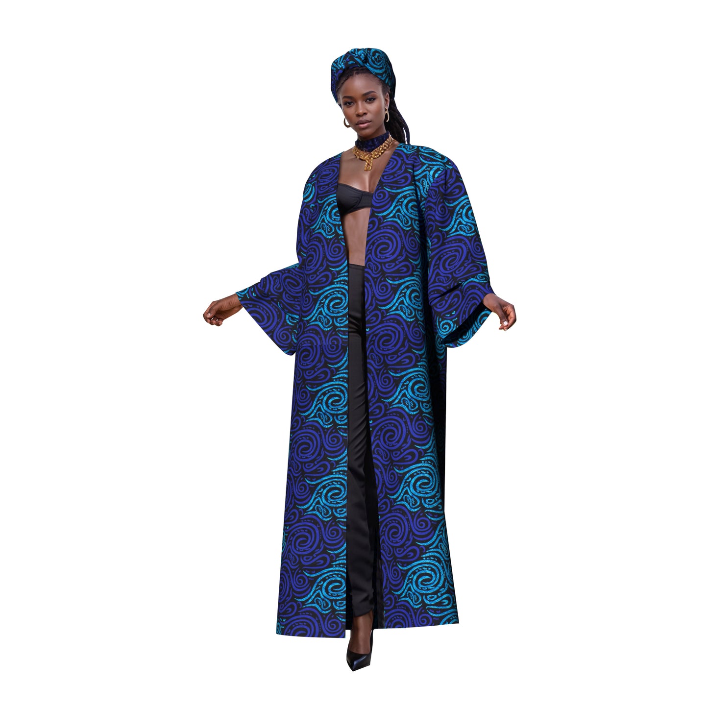 African Women All Over Cultural Print Loose Long Open Front Outerwear Matching Printed Head Wrap Set