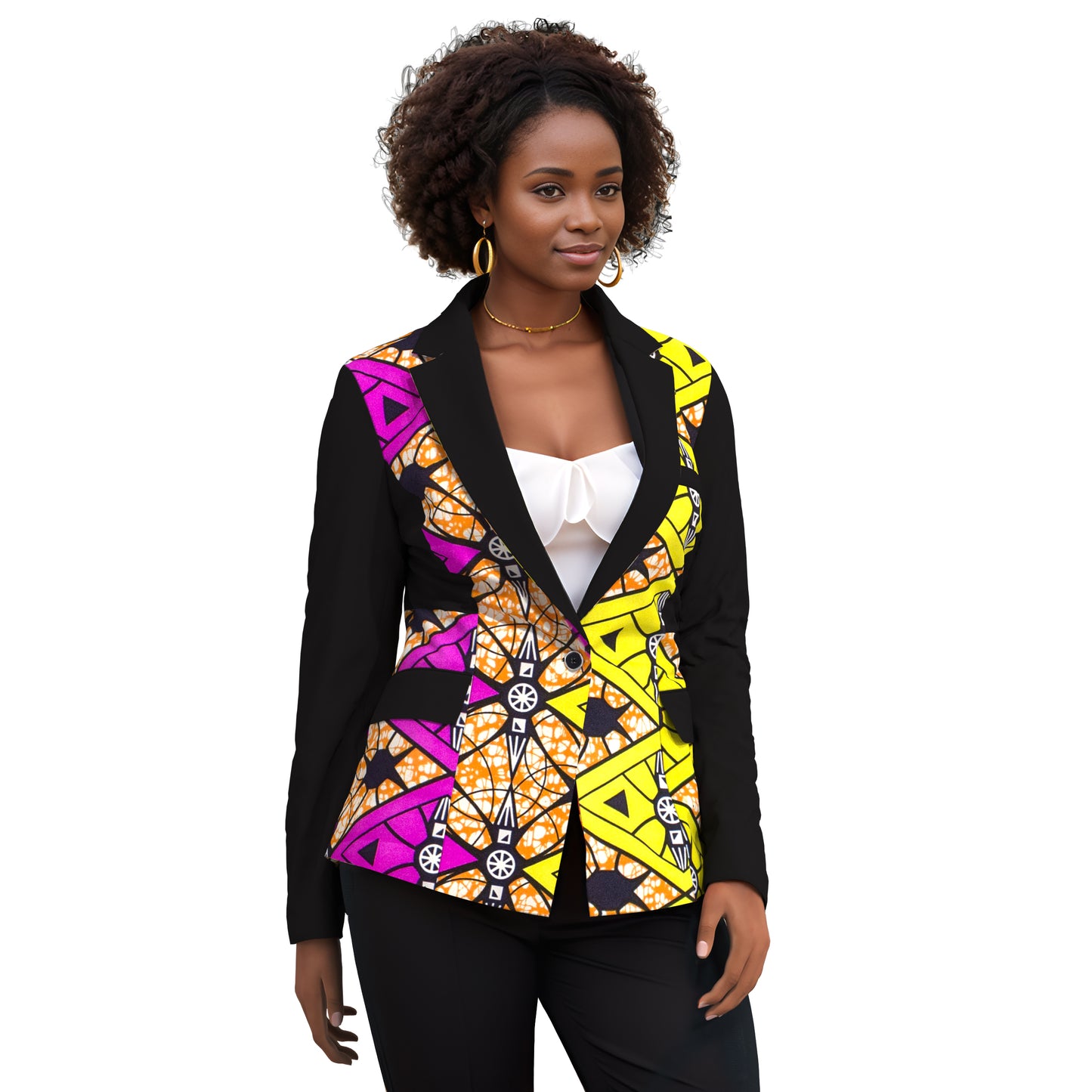 African Print Patchwork Slim Fit One Button Women Blazer Jacket