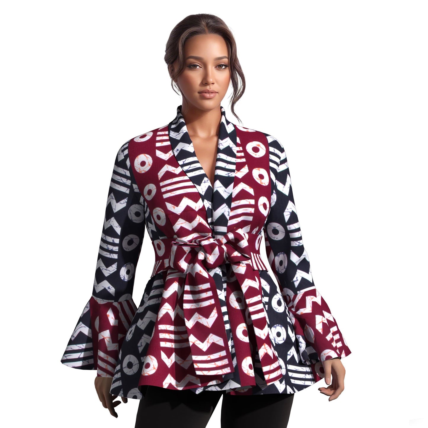 Ladies Vibrant Ethnic Geometric Print Stand Collar Bell Sleeve Peplum Top With Coordinating Waist Tie