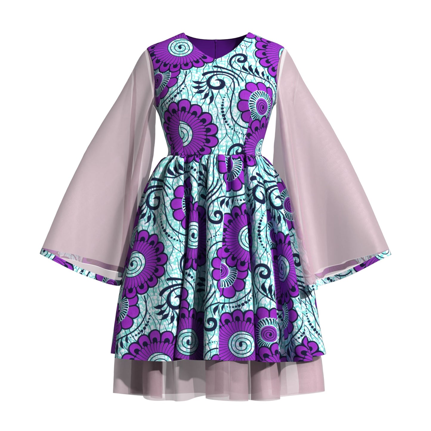 Ethnic African Floral Print Sheer Mesh Flare Sleeve Dress