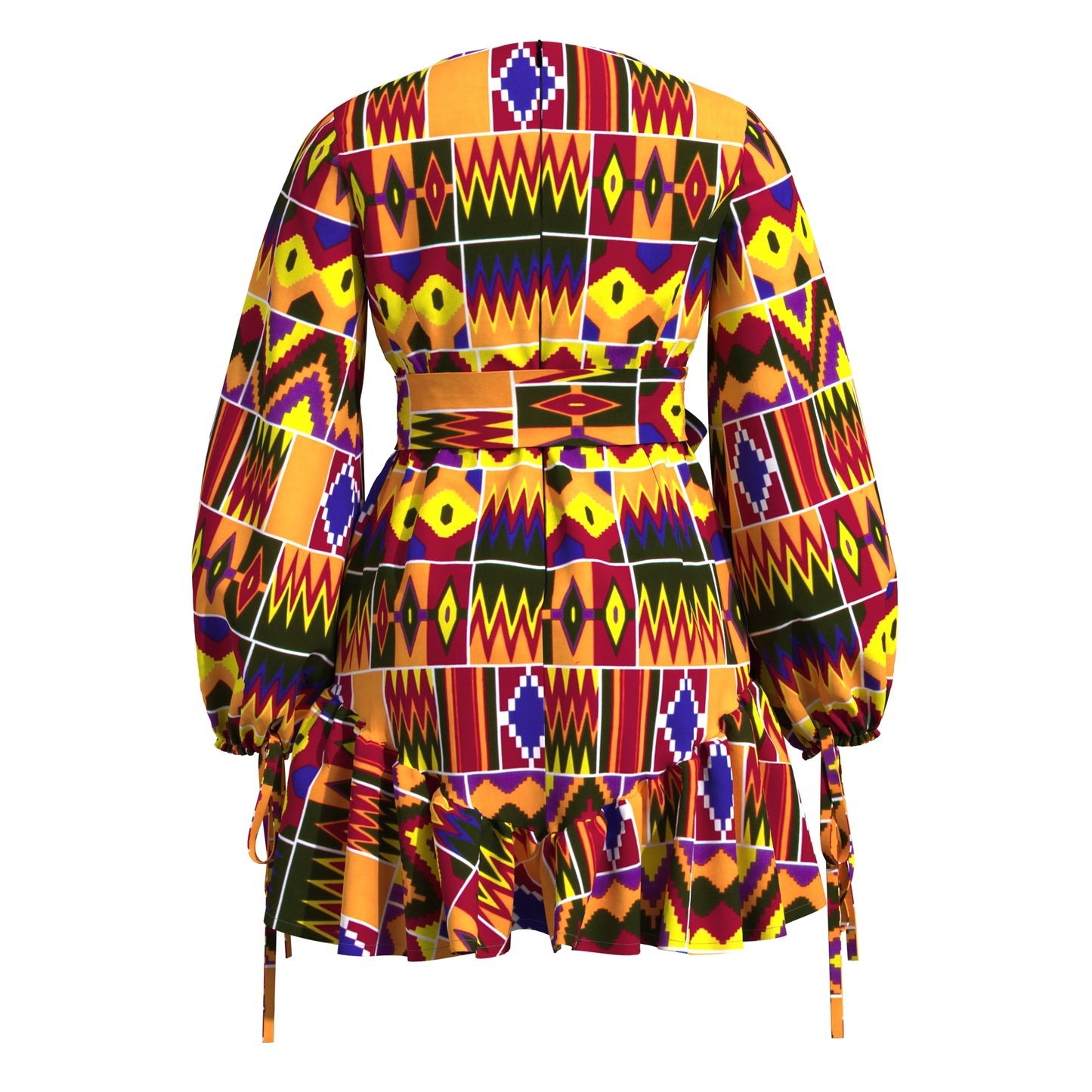 Sheer Mesh Neck African Print Belted Mini Dress