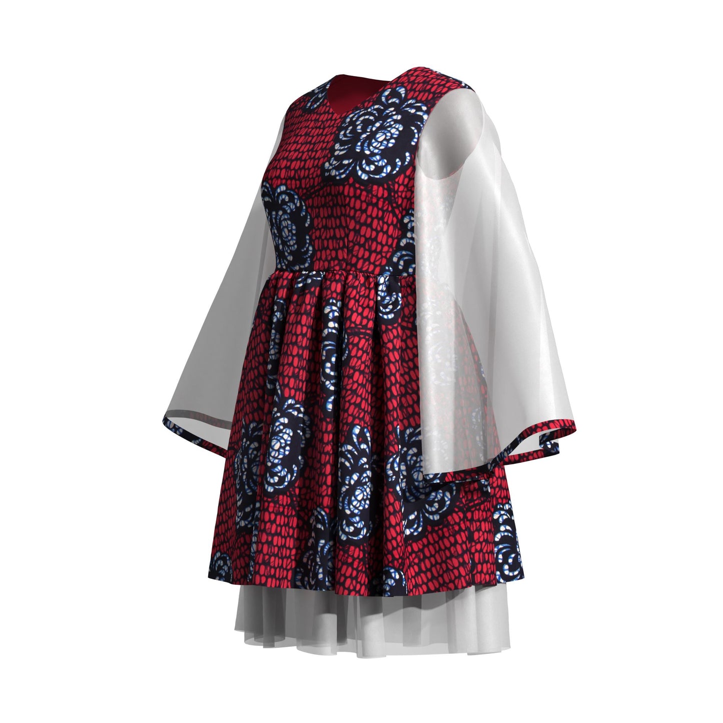 Ethnic African Floral Print Sheer Mesh Flare Sleeve Dress