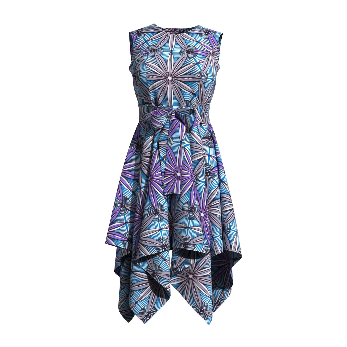 Sleeveless African Print Fit-and-Flare Dress with Asymmetrical Hem