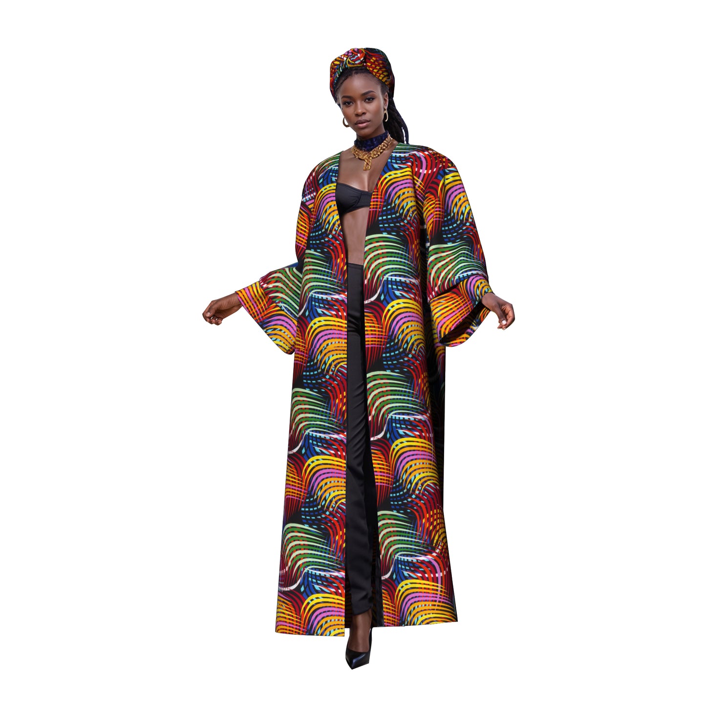 African Women All Over Cultural Print Loose Long Open Front Outerwear Matching Printed Head Wrap Set