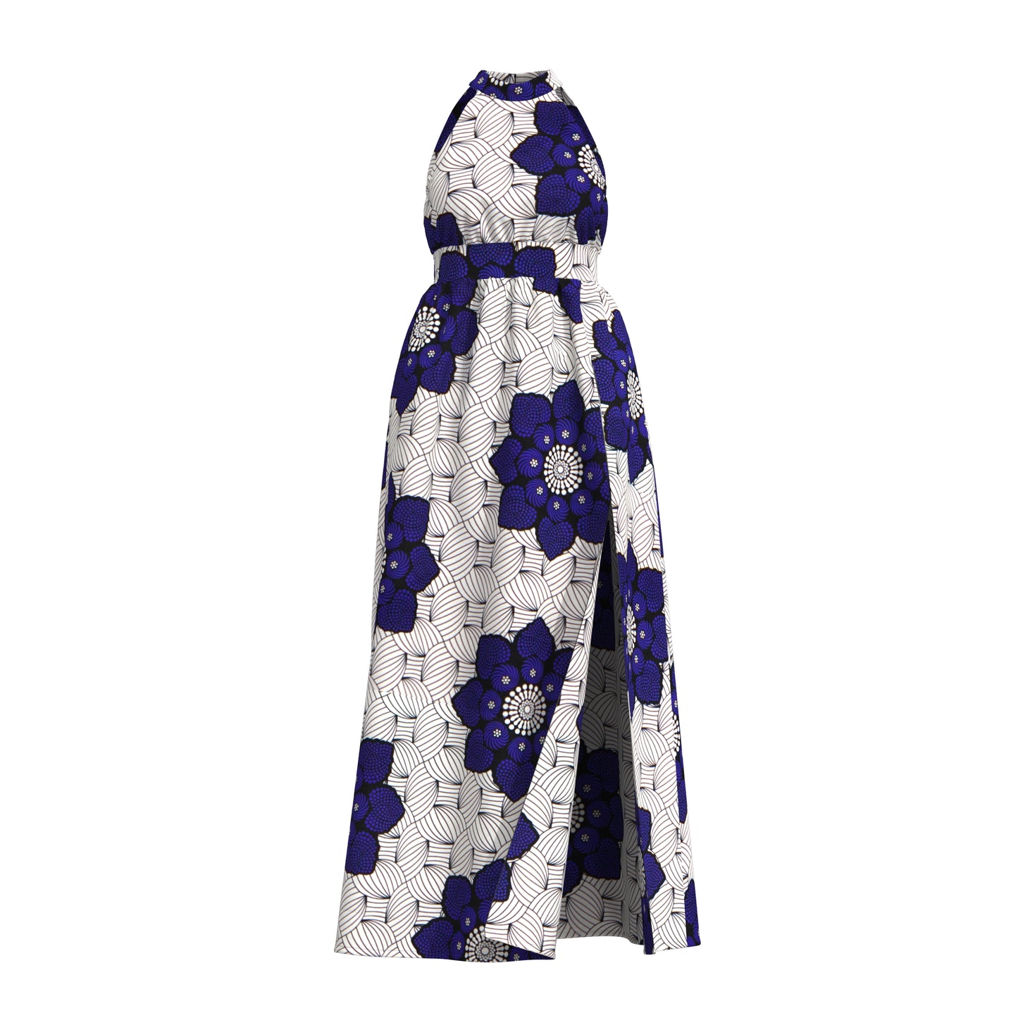 Ladies African Fabric Halter Maxi Dress With Back Bow & Side Split