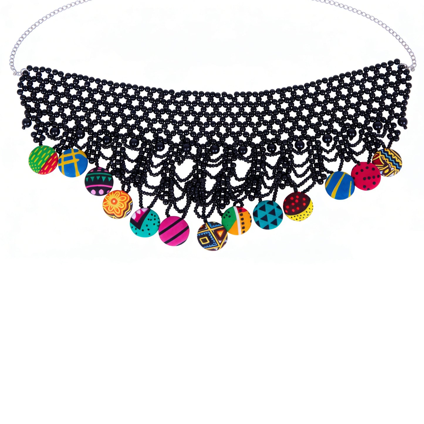 Hand Woven Black Mesh Bead Collar Necklace Colorful African Fabric Cover Disc Statement Fashion Accessories