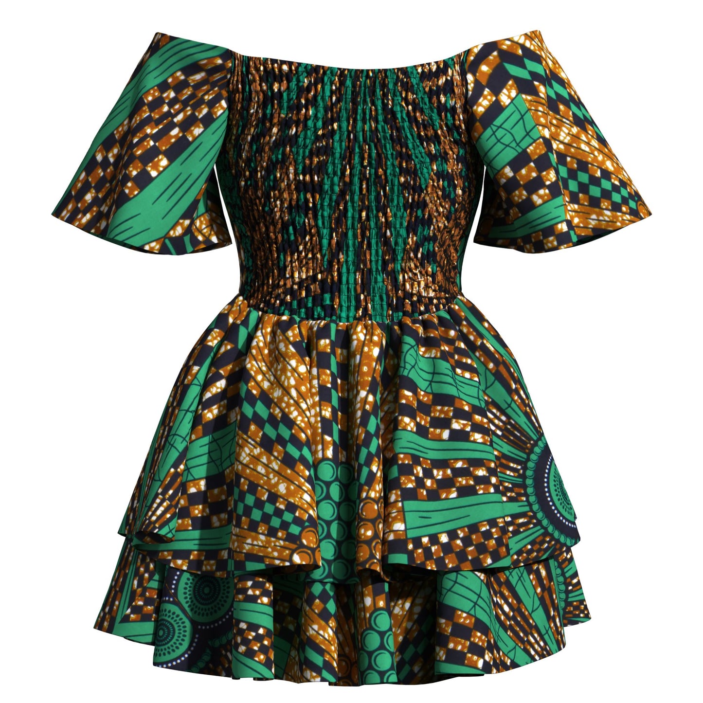 African Print Flowy Off-Shoulder Tiered Mini Dress for Women