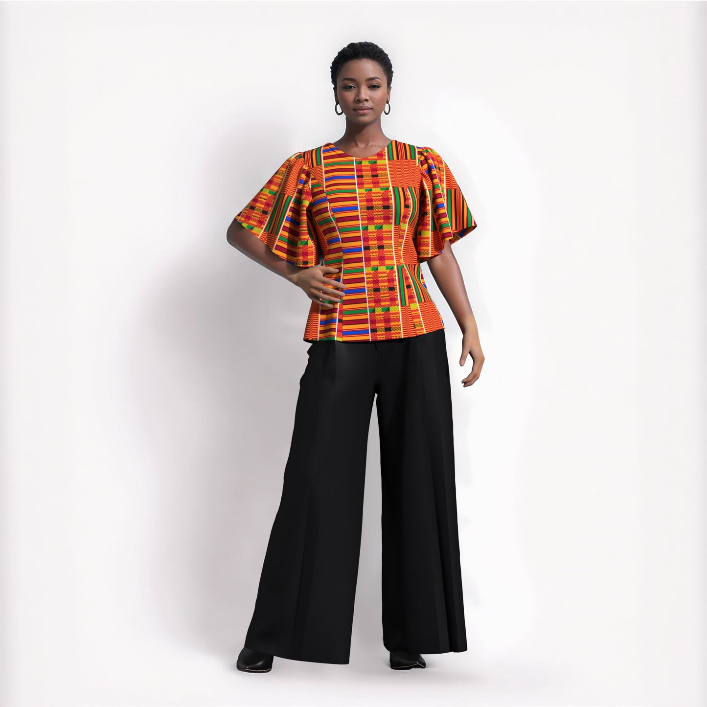 African Print Fitted Waist Flounce Sleeve Top
