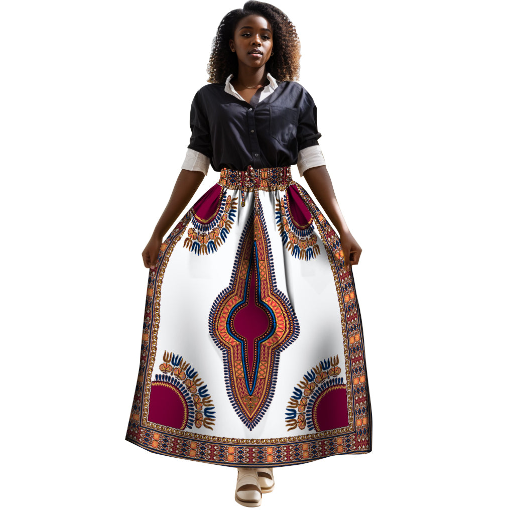 Women's High Waist Flowy Maxi Skirt Elastic & Drawstring Waist African Dashiki Pattern