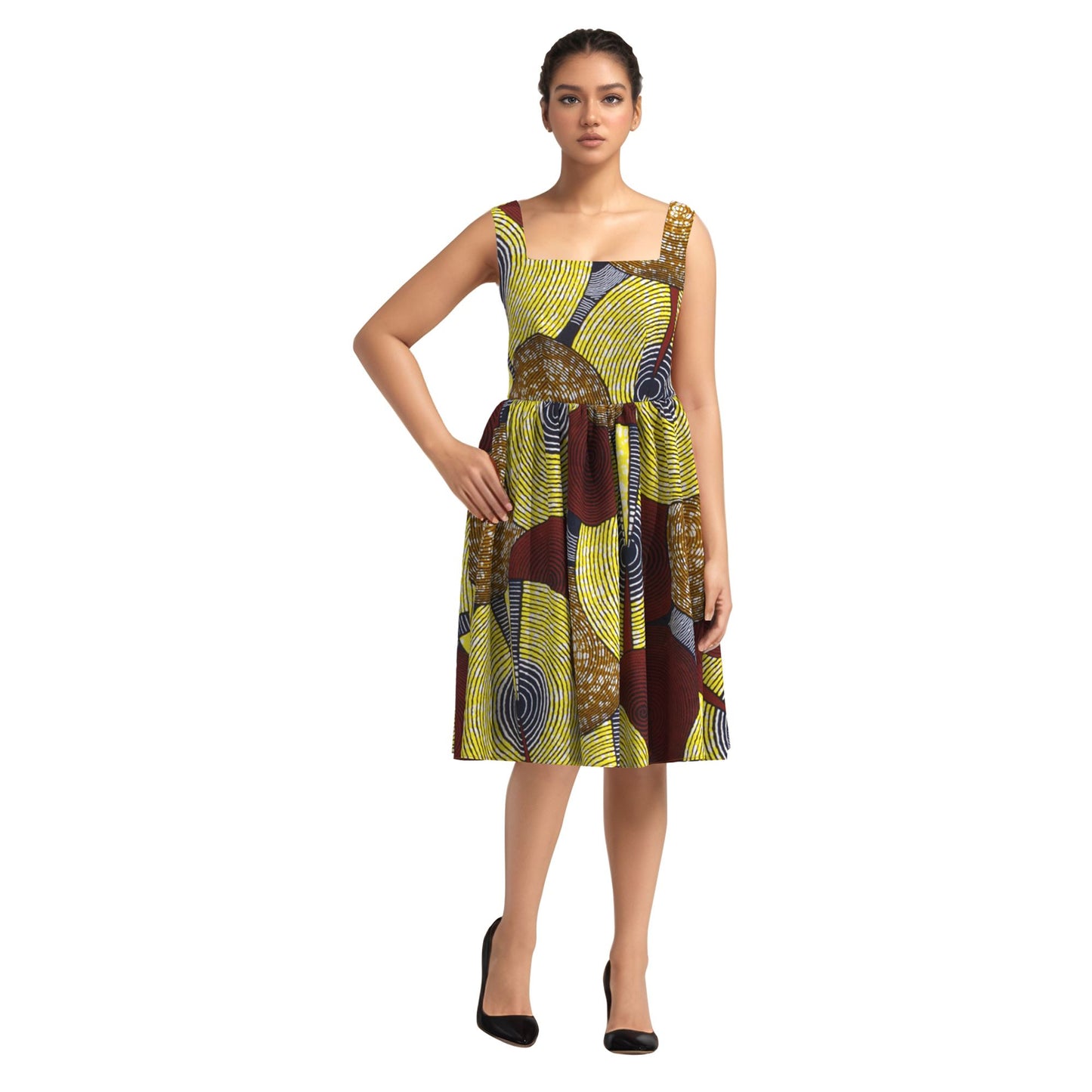 African Print Square Neck Sleeveless A-Line Midi Dress