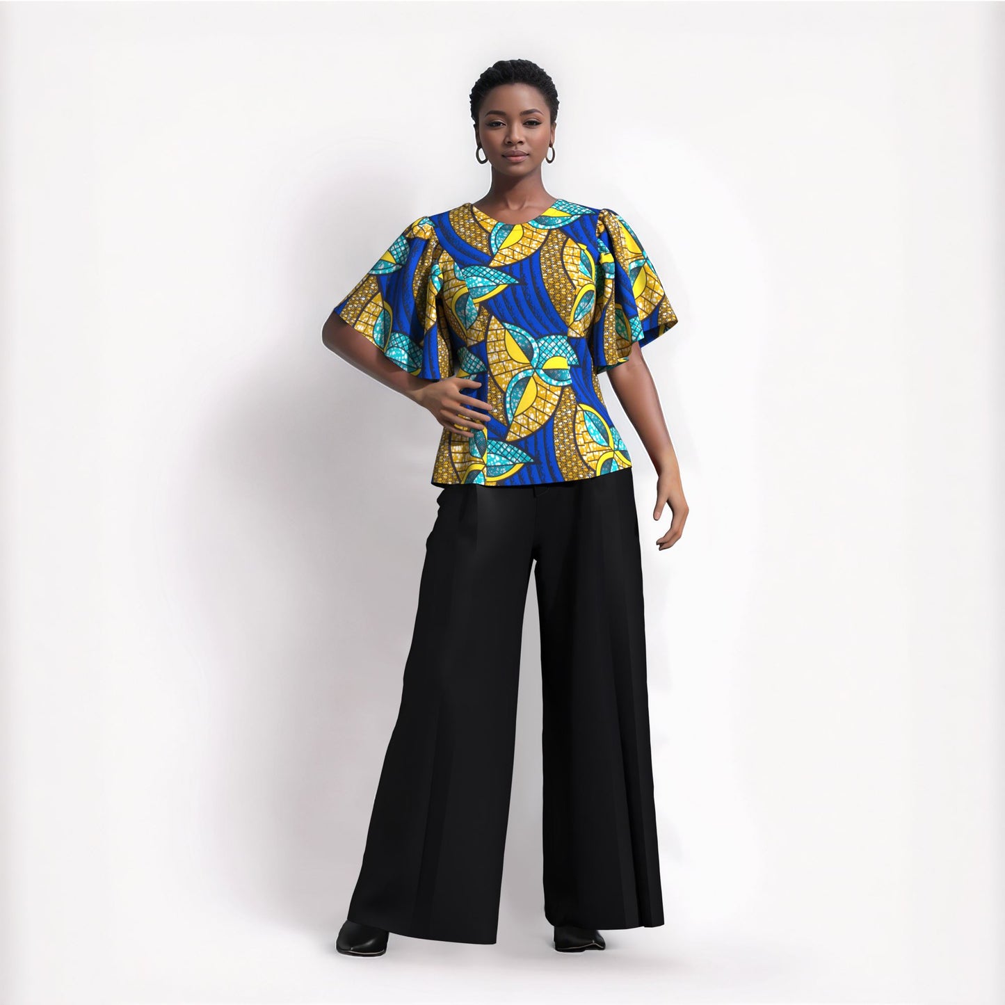African Print Fitted Waist Flounce Sleeve Top