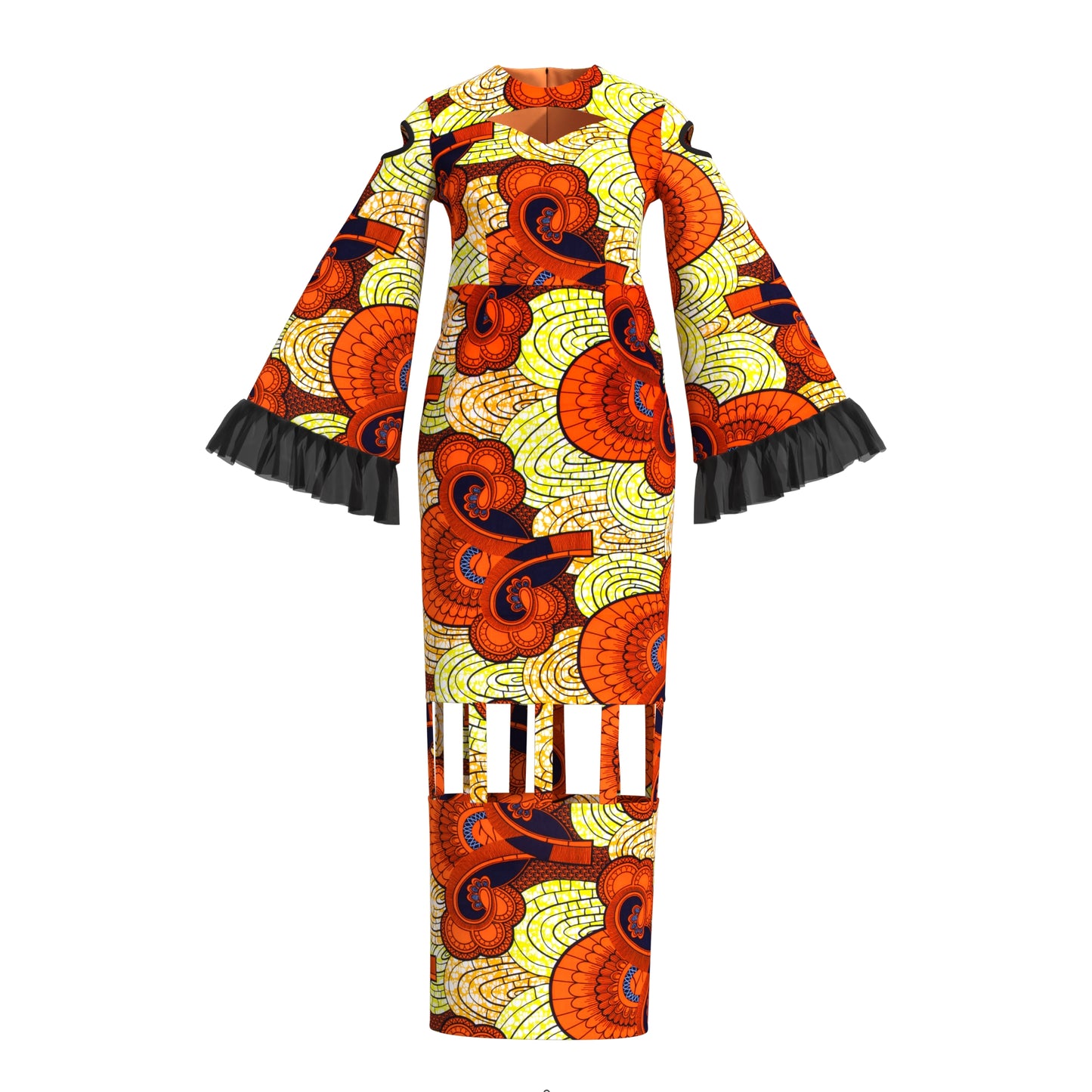 African Ankara Print Cutout Maxi Dress with Sheer Ruffle Cuffs