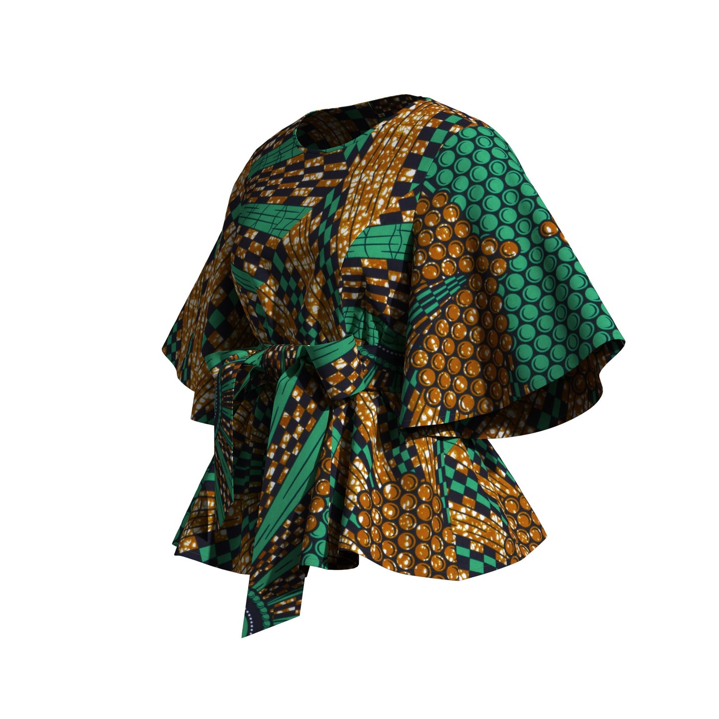 African Print Flare Sleeve Peplum Blouse with Waist Sash