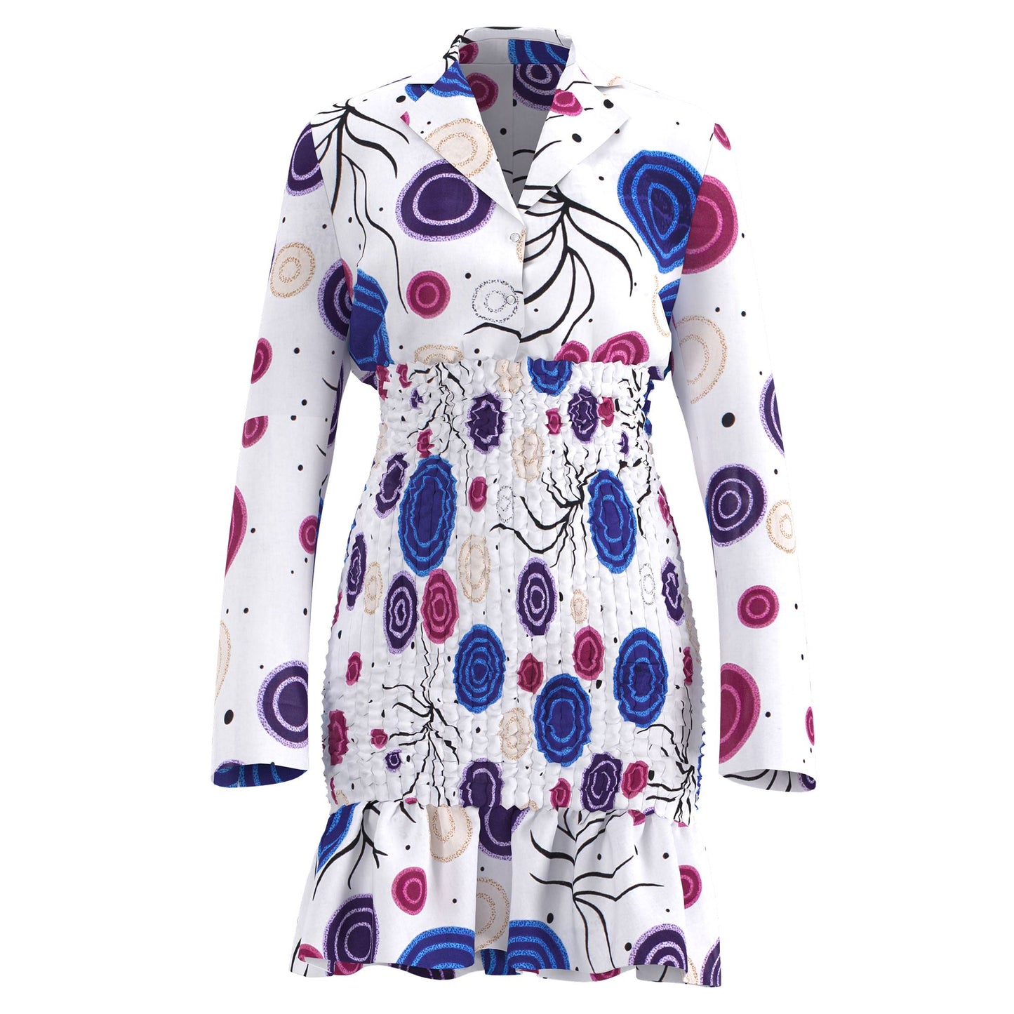 African Print Long Sleeve Shirt Collar Smocked Waist Dress