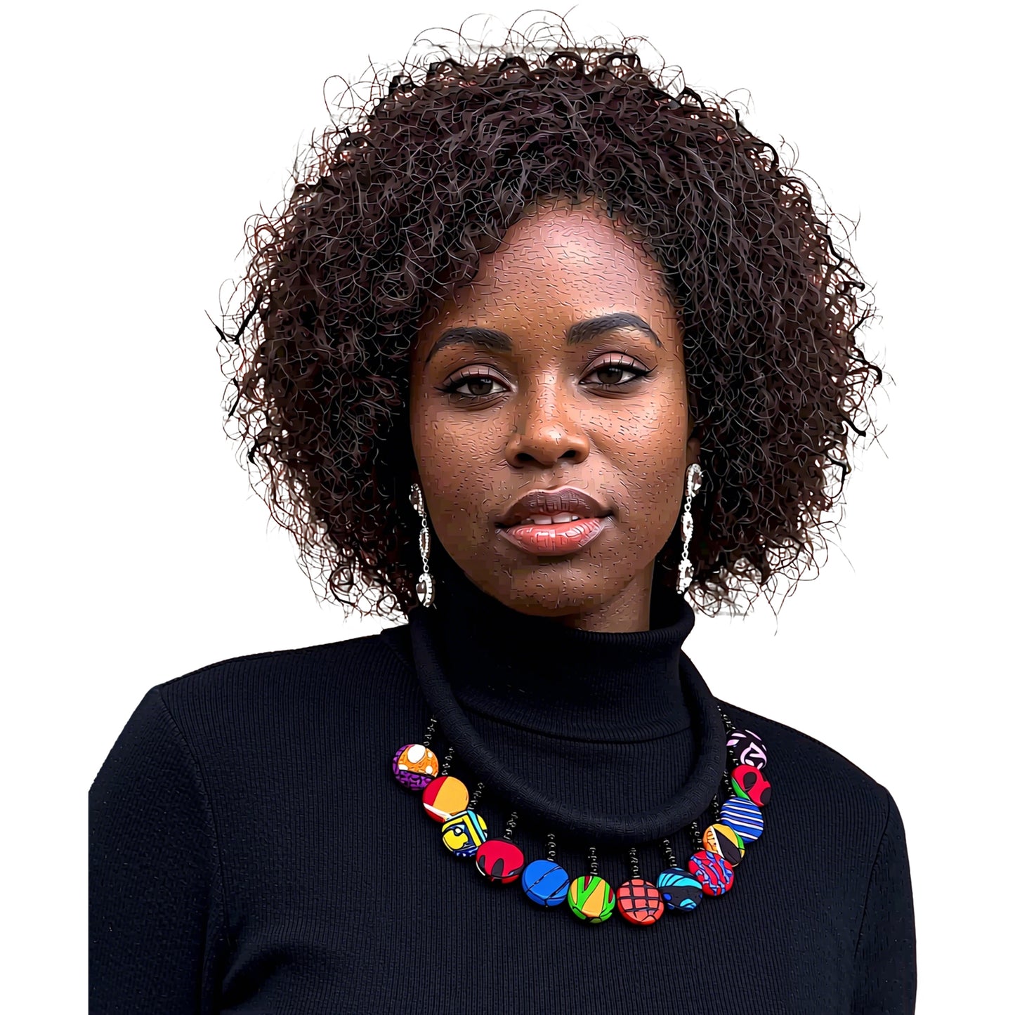 Ladies Kente Geometric Print Multi Round Fabric Button Bib Choker Adjustable Extension Chain Women Outfit Accessories