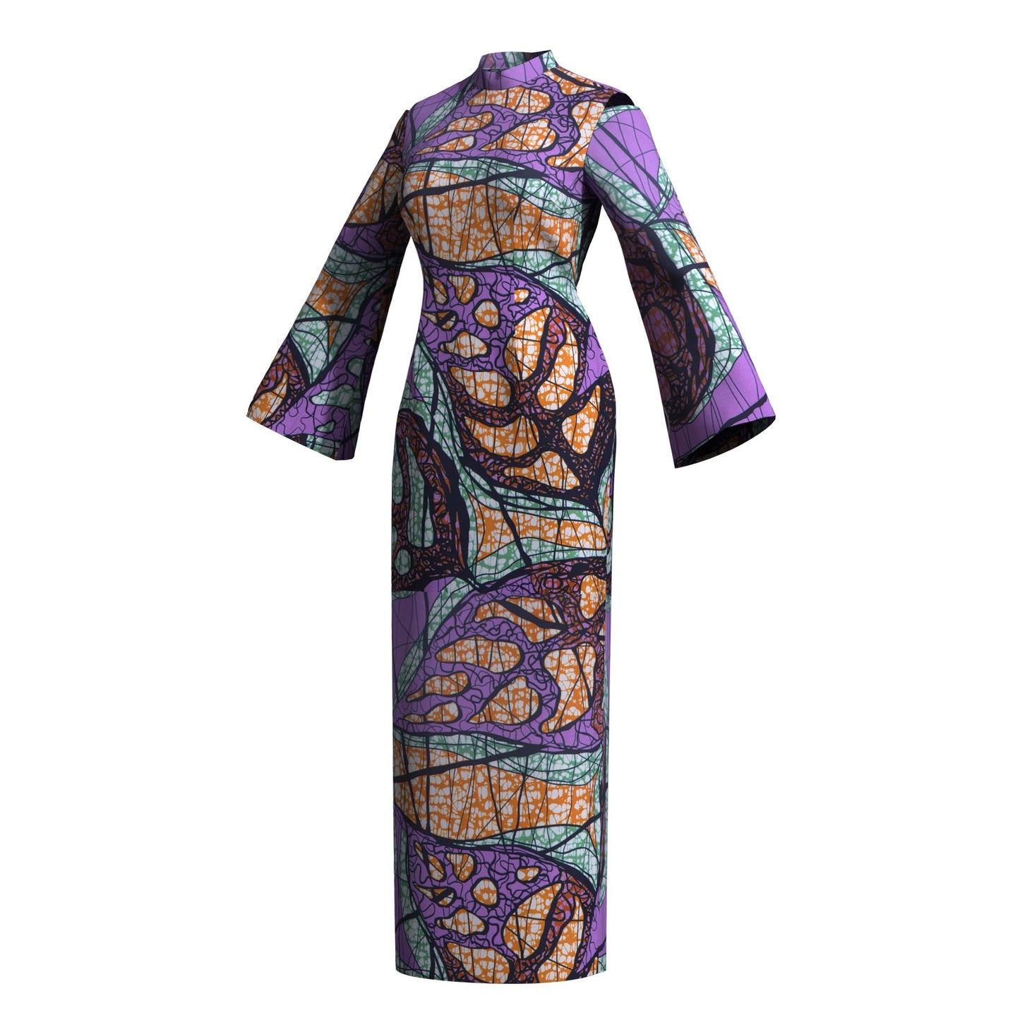 Ladies Kente Geometric Wax Print Long Dress High Neck Bell Sleeve Slim African Party Gown
