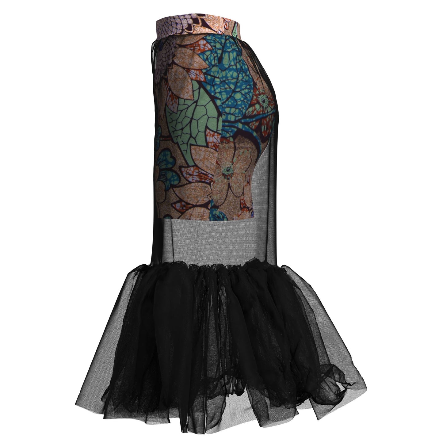 African Print Mesh Overlay Mermaid Midi Skirt