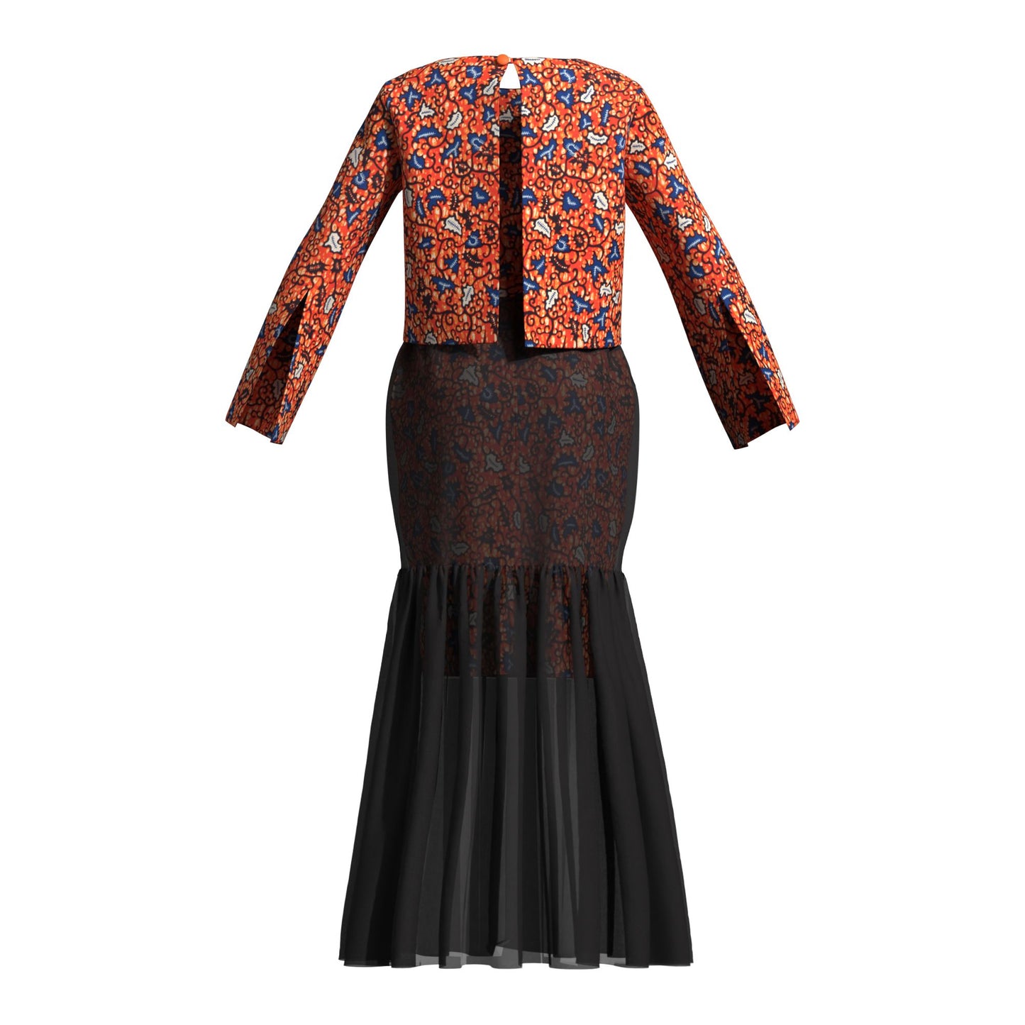 African Print Layered Sheer Mesh Mermaid Maxi Skirt Two Piece Set
