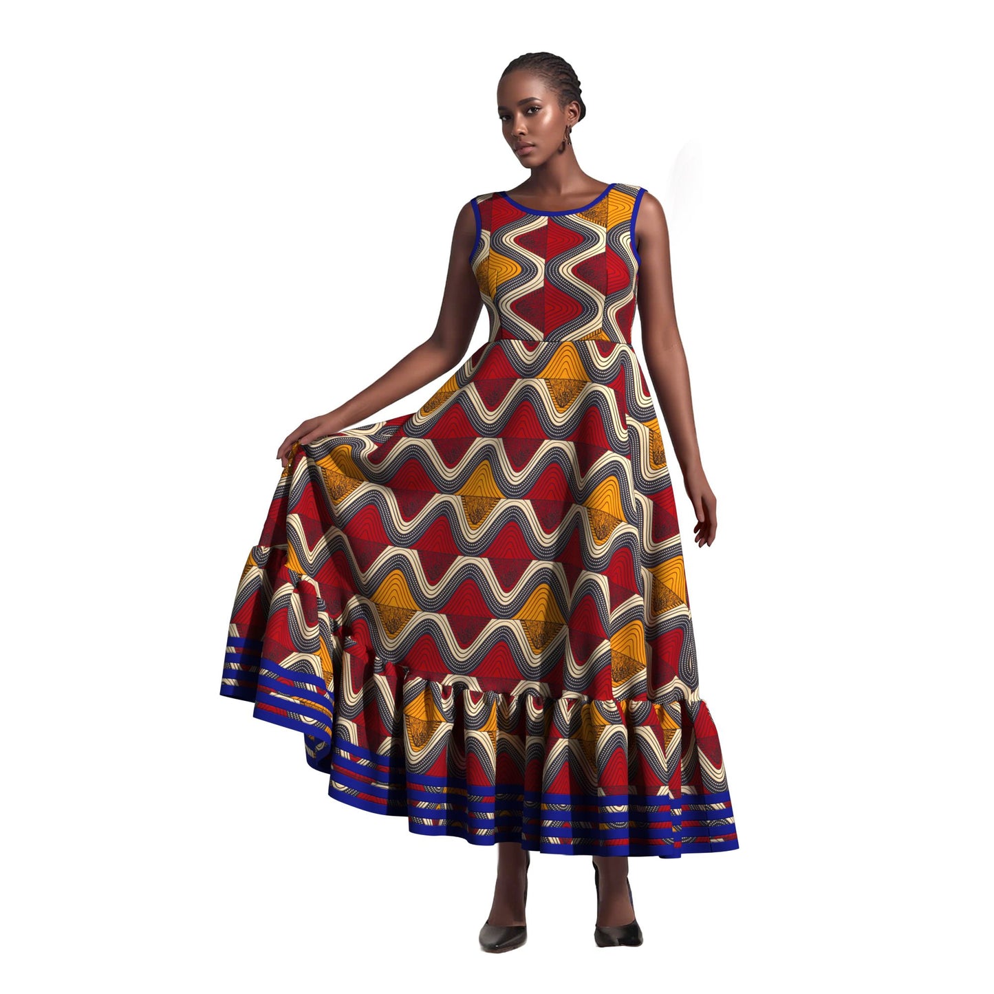 Women Ankara Wax Print Sleeveless Maxi Dress Ruffle Hem Strip Trim African Flared Long Occasion Gown