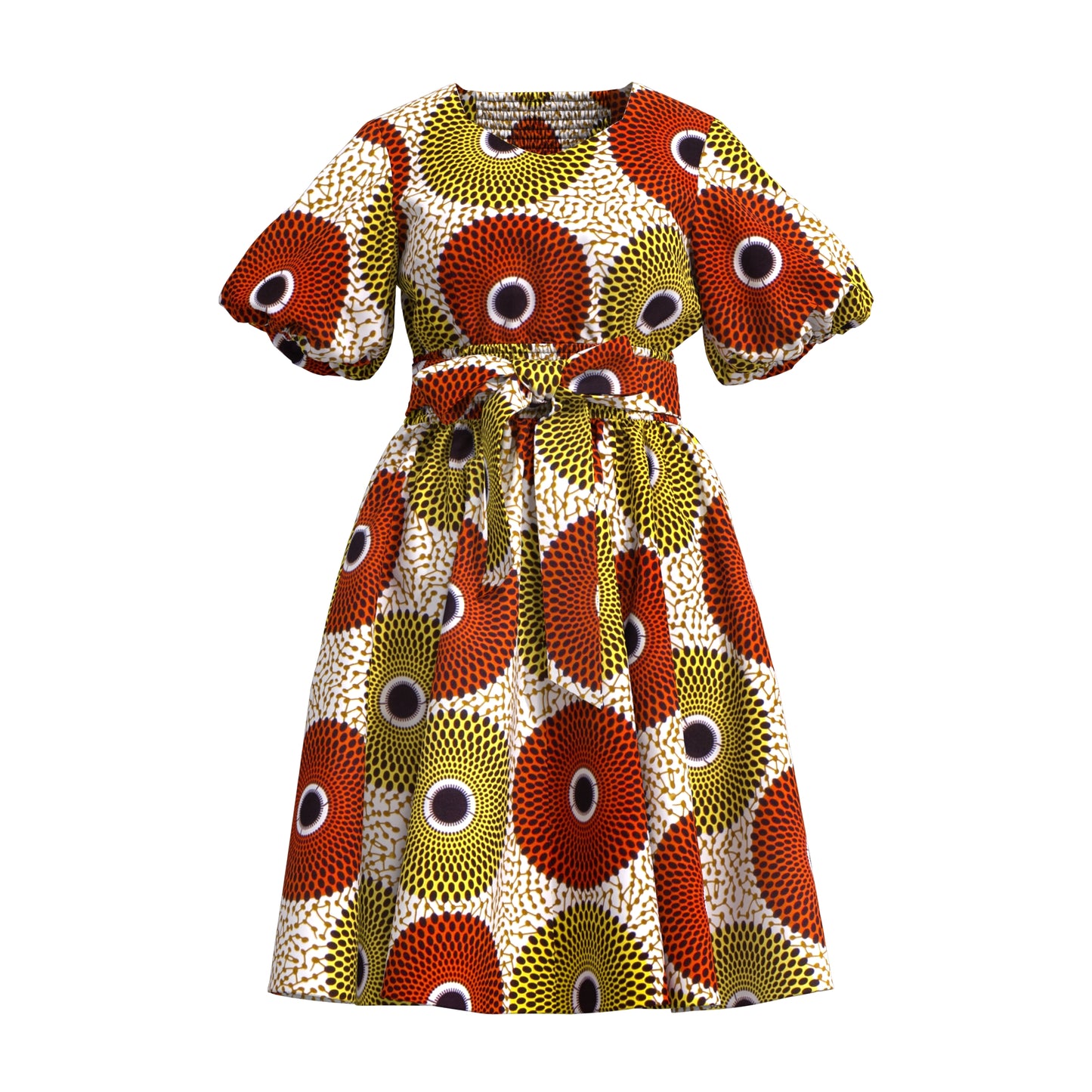 African Print Smocked Waist A-Line Midi Dress with Belt