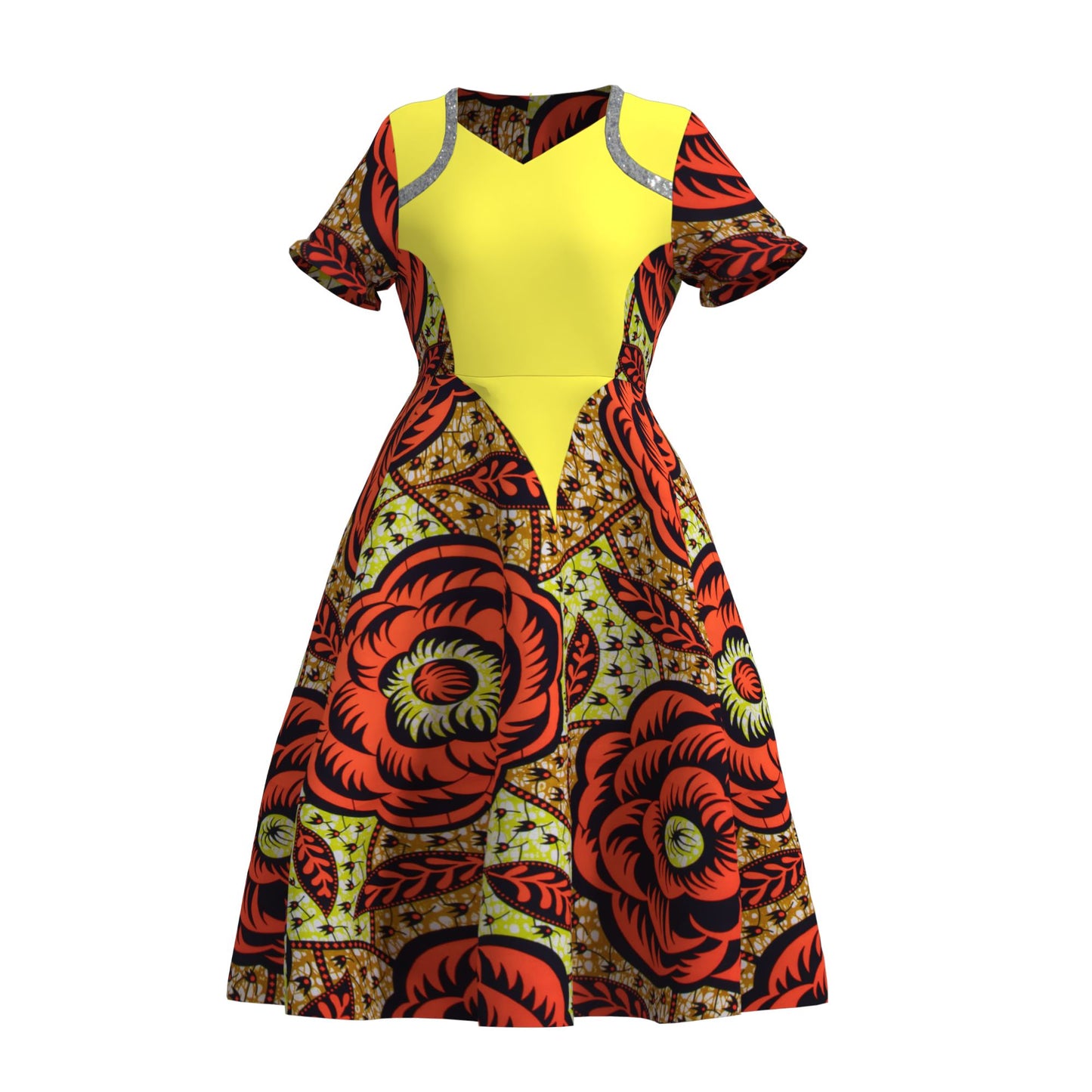 Women's African Ankara Print V-Neck Midi Dress | High-End Patchwork Party Dress