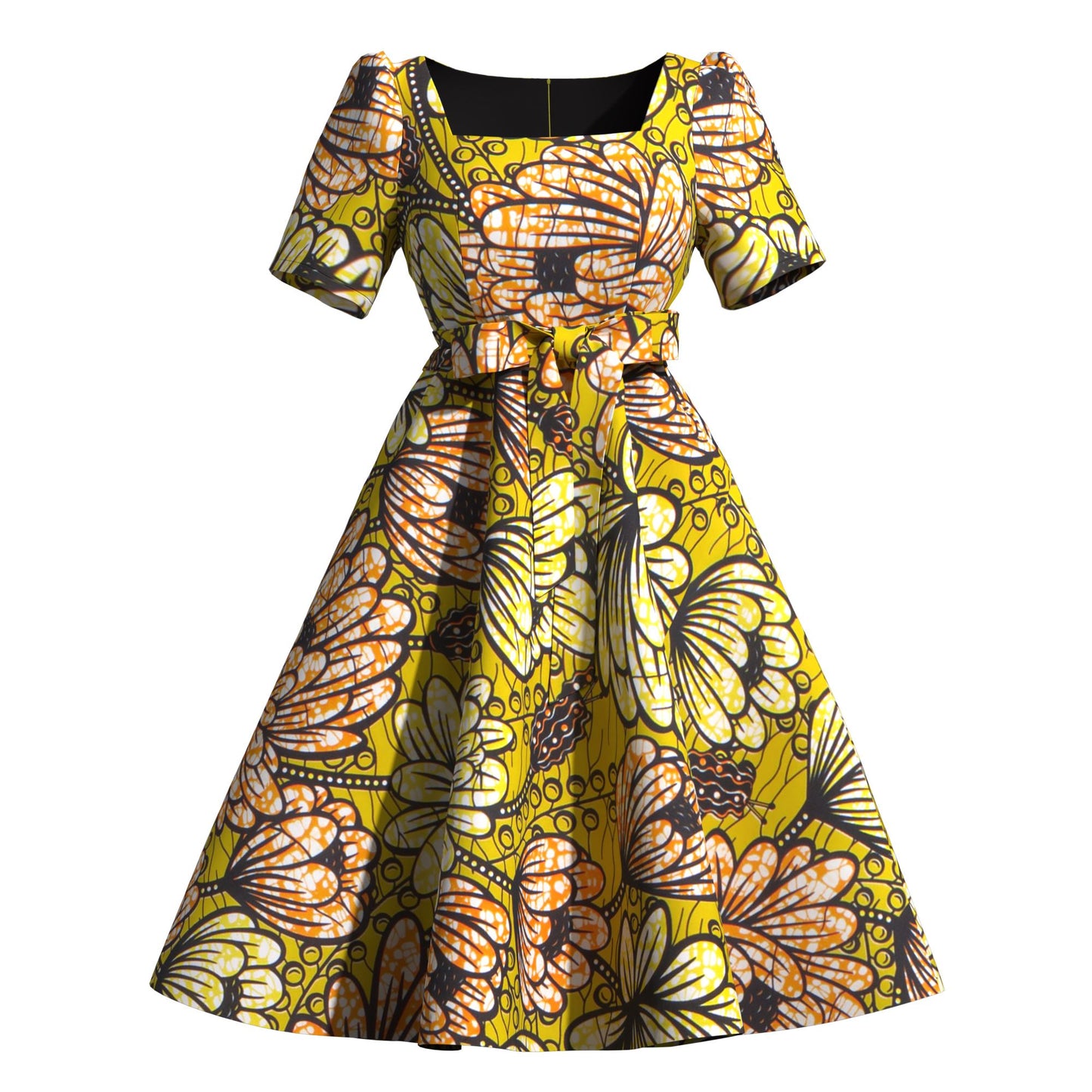 Women's African Print Midi Dress Short Sleeve & Belted Waist A-Line Ankara Fashion Dress