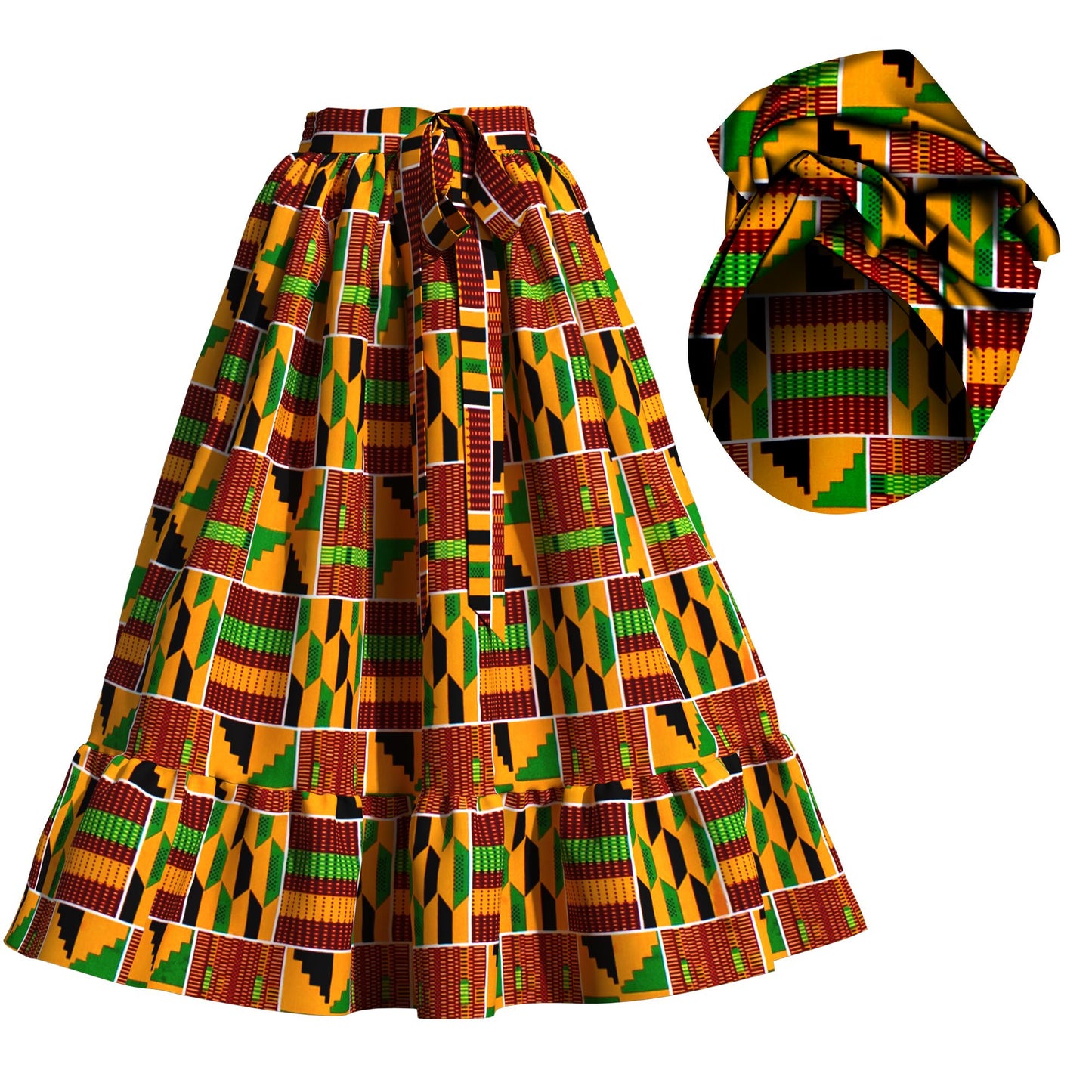 Traditional African Print Flowy Skirt with Coordinating Headwrap