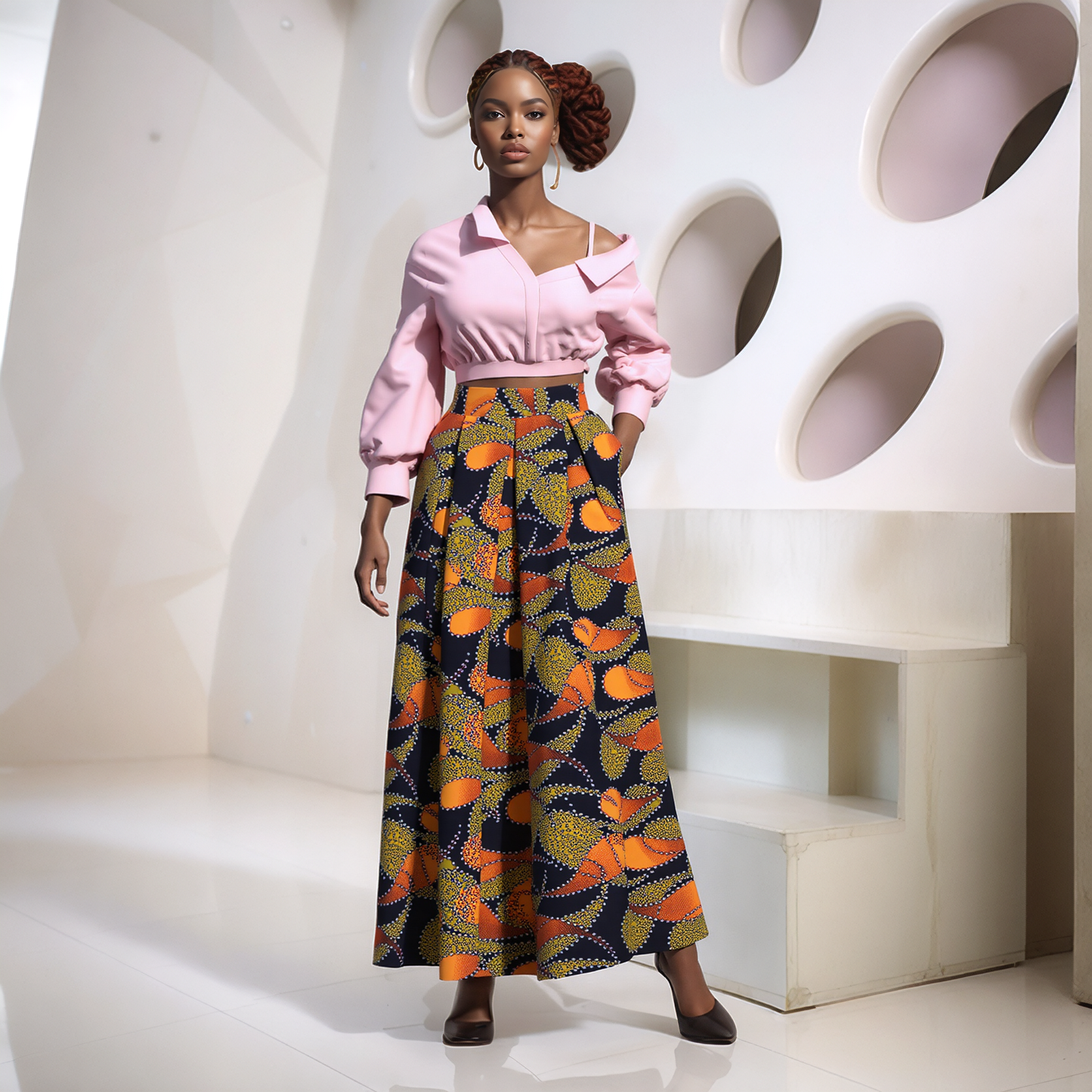 Women's African Print Maxi Skirt High Waist Pleated A-Line Skirt KG1213