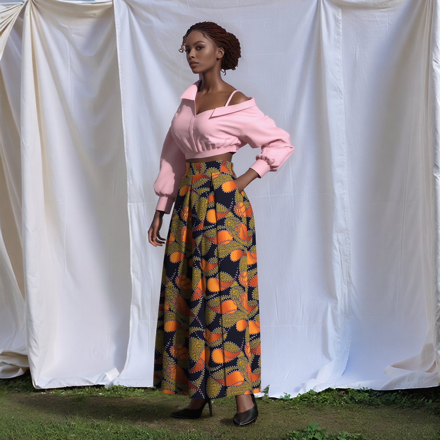 Women's African Print Maxi Skirt High Waist Pleated A-Line Skirt KG1213