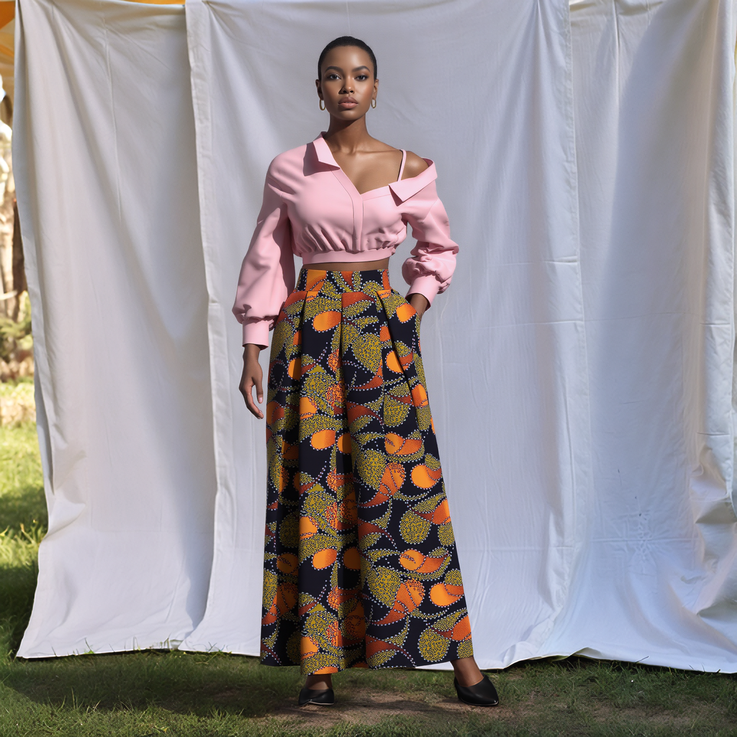 Women's African Print Maxi Skirt High Waist Pleated A-Line Skirt KG1213