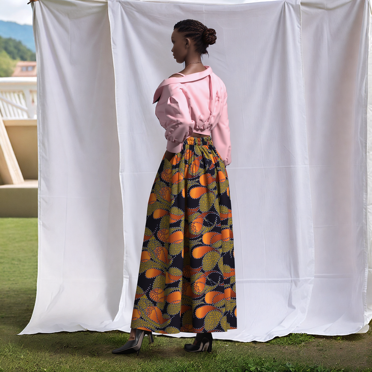 Women's African Print Maxi Skirt High Waist Pleated A-Line Skirt KG1213