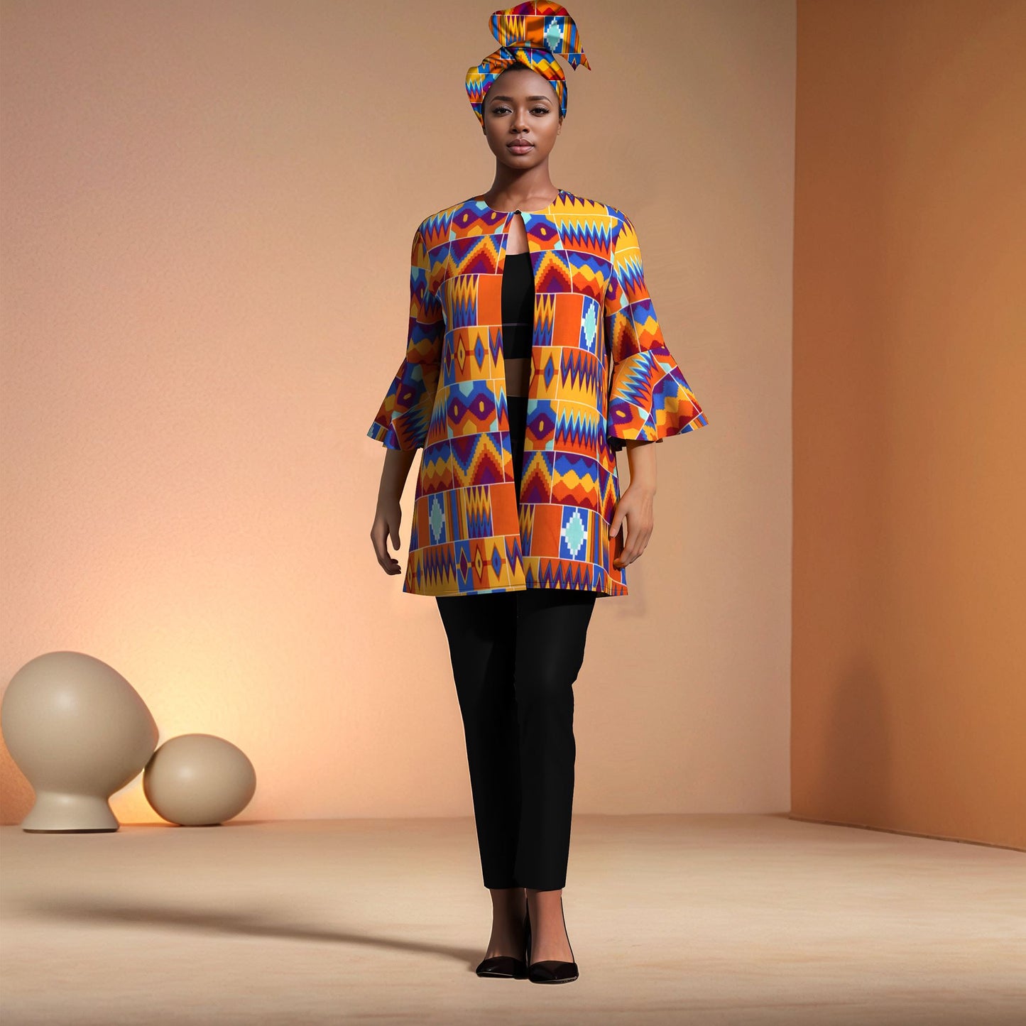 African Print Women's Jacket & Headwrap Set – Vibrant Geometric Pattern