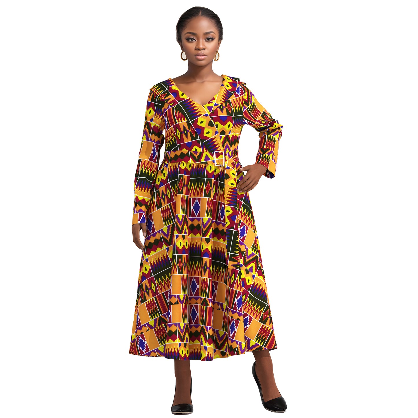 V-Neck Long Sleeve African Print Midi Dress with Tie Waist Belt