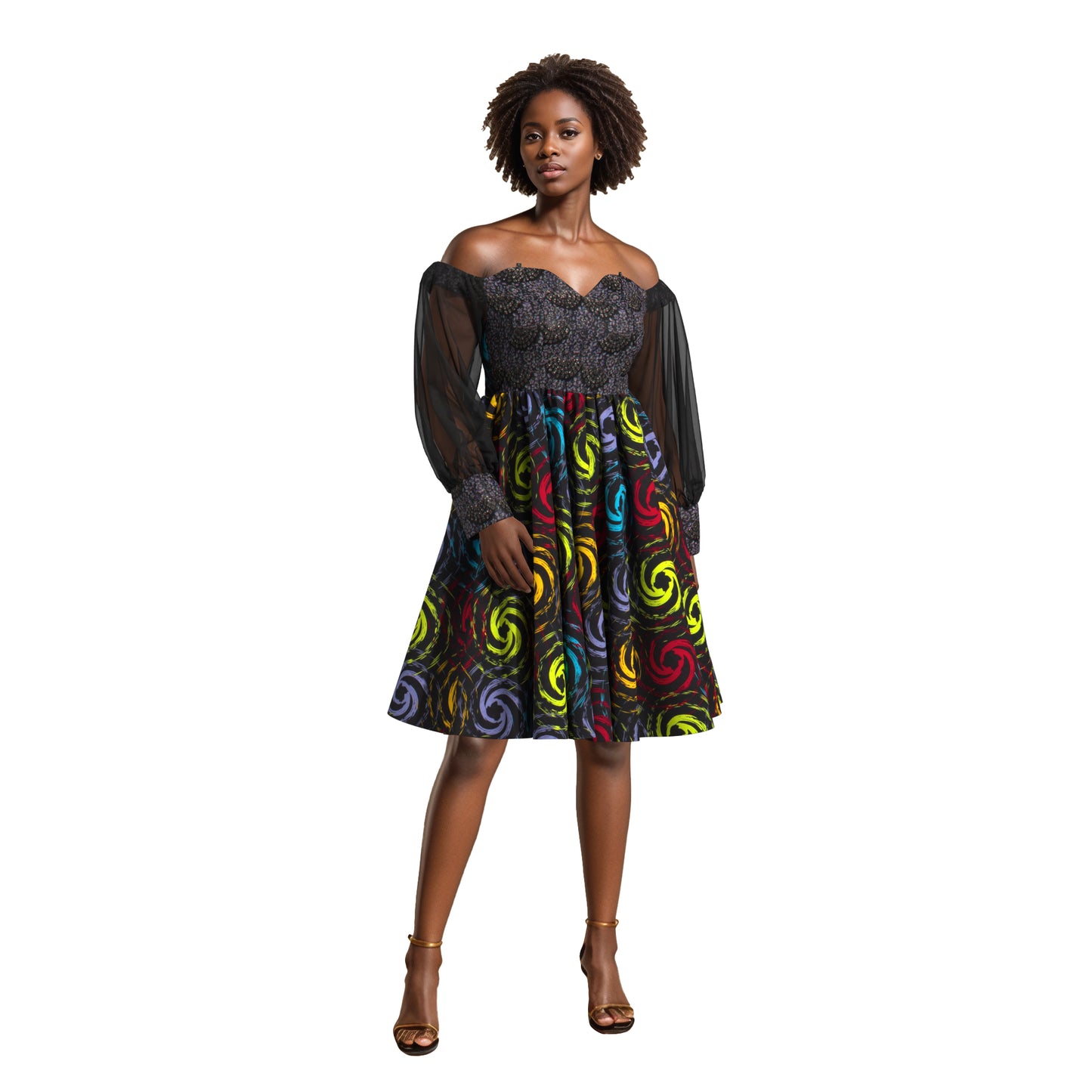 African Print Sequin Off Shoulder Mesh Sleeve A-Line Dress