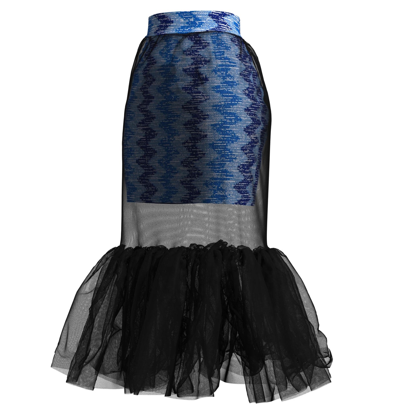 African Print Mesh Overlay Mermaid Midi Skirt