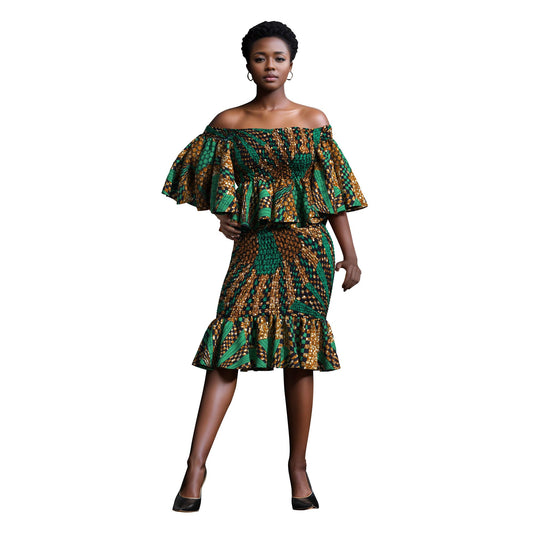 Smocked African Print Two-Piece Outfit with Flounce Sleeves