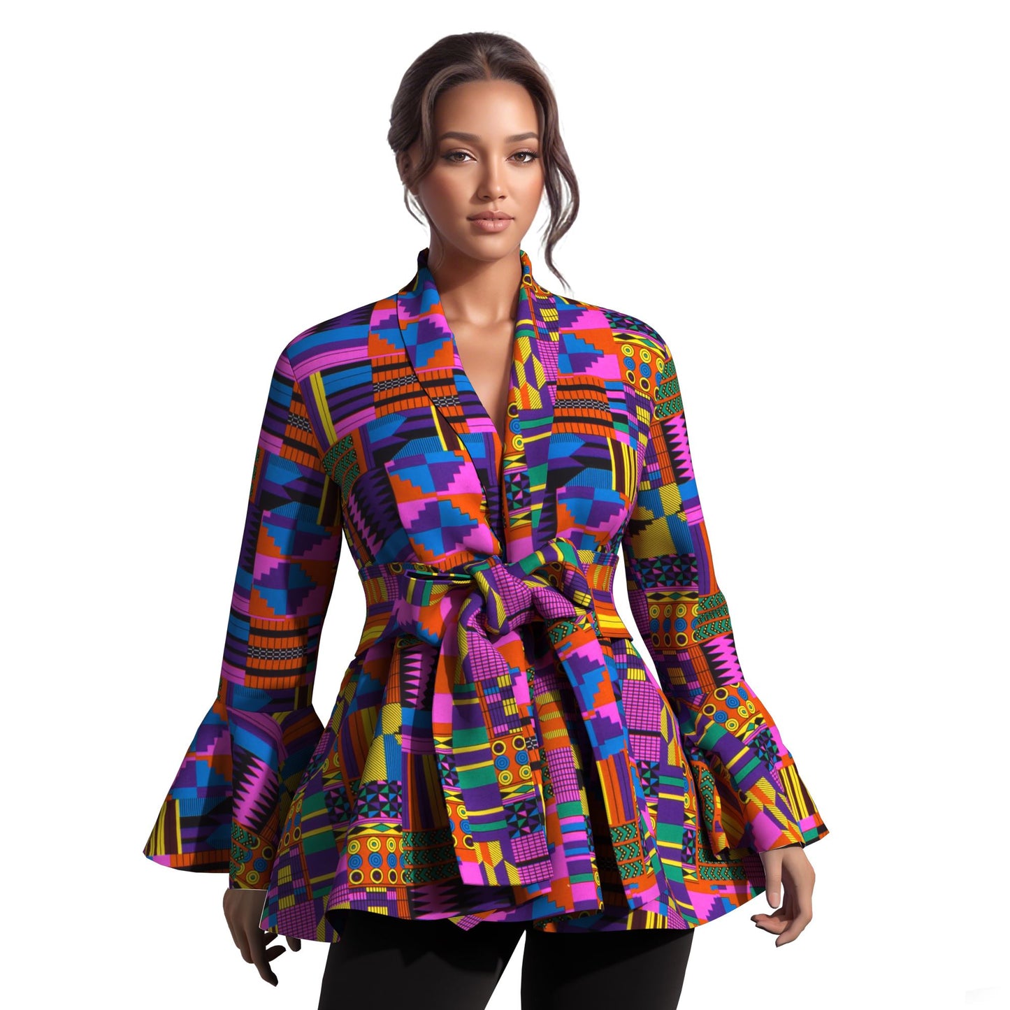 Ladies Vibrant Ethnic Geometric Print Stand Collar Bell Sleeve Peplum Top With Coordinating Waist Tie